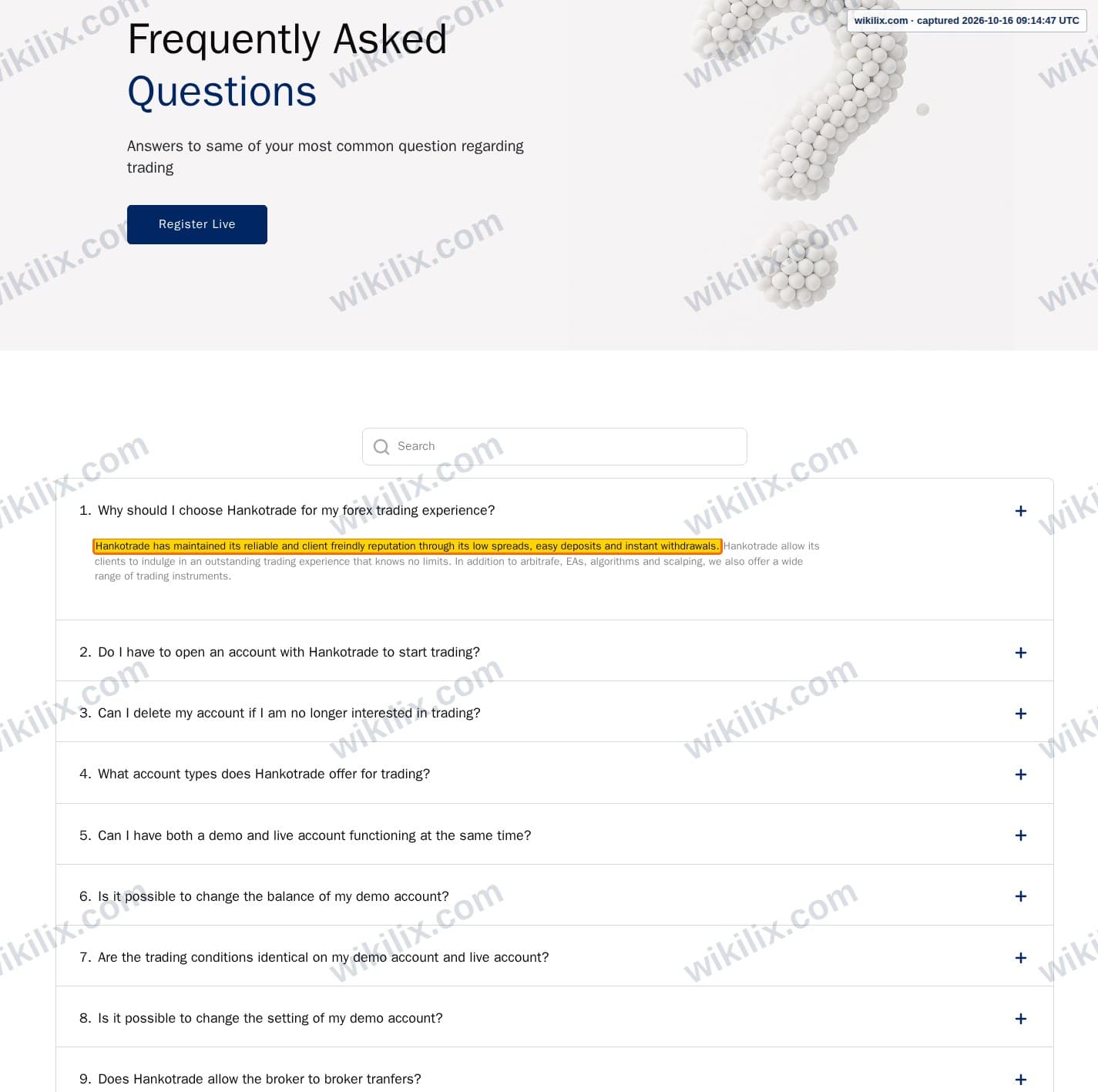 Our full page screenshot of the page that makes this promise, on Hankotrade's site hankotrade.com, taken on Oct 16, 2026. The quoted words are marked in the image.
