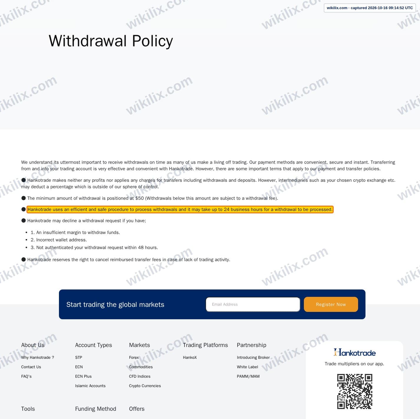 Our full page screenshot of the page this clause sits on, on Hankotrade's site hankotrade.com, taken on Oct 16, 2026. The quoted words are marked in the image.