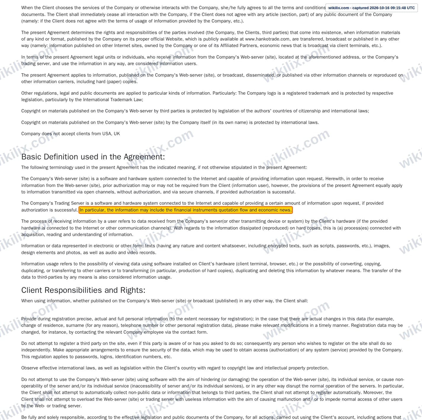 Our full page screenshot of the page this clause sits on, on Hankotrade's site hankotrade.com, taken on Oct 16, 2026. The quoted words are marked in the image.