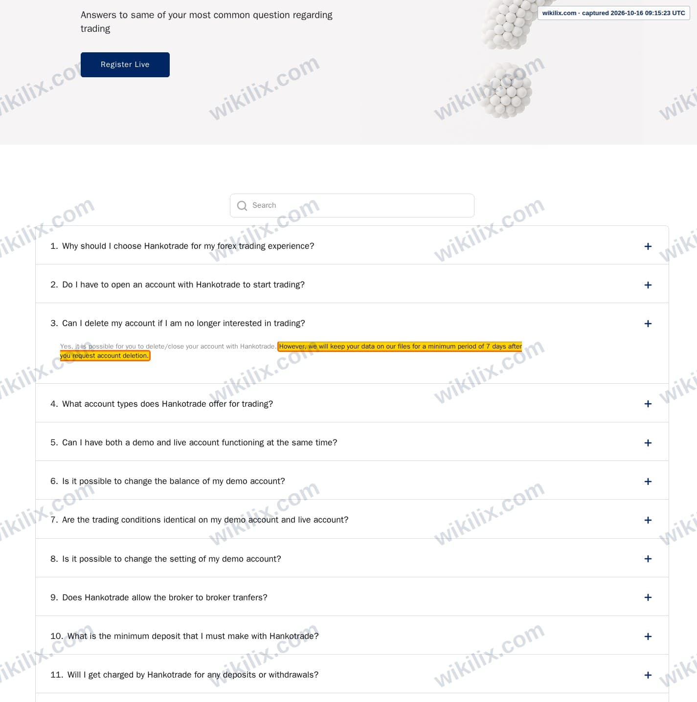 Our full page screenshot of the page that makes this promise, on Hankotrade's site hankotrade.com, taken on Oct 16, 2026. The quoted words are marked in the image.