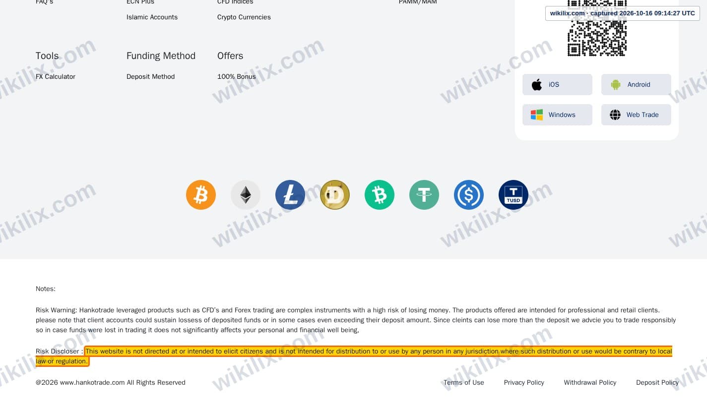 Our full page screenshot of the page this clause sits on, on Hankotrade's site hankotrade.com, taken on Oct 16, 2026. The quoted words are marked in the image.