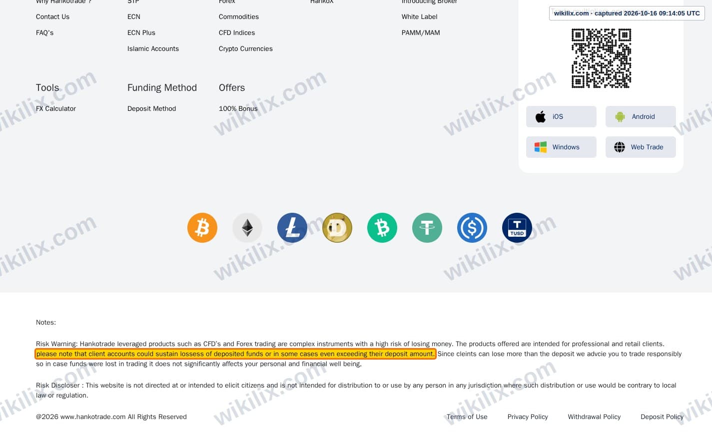 Our full page screenshot of the page this clause sits on, on Hankotrade's site hankotrade.com, taken on Oct 16, 2026. The quoted words are marked in the image.