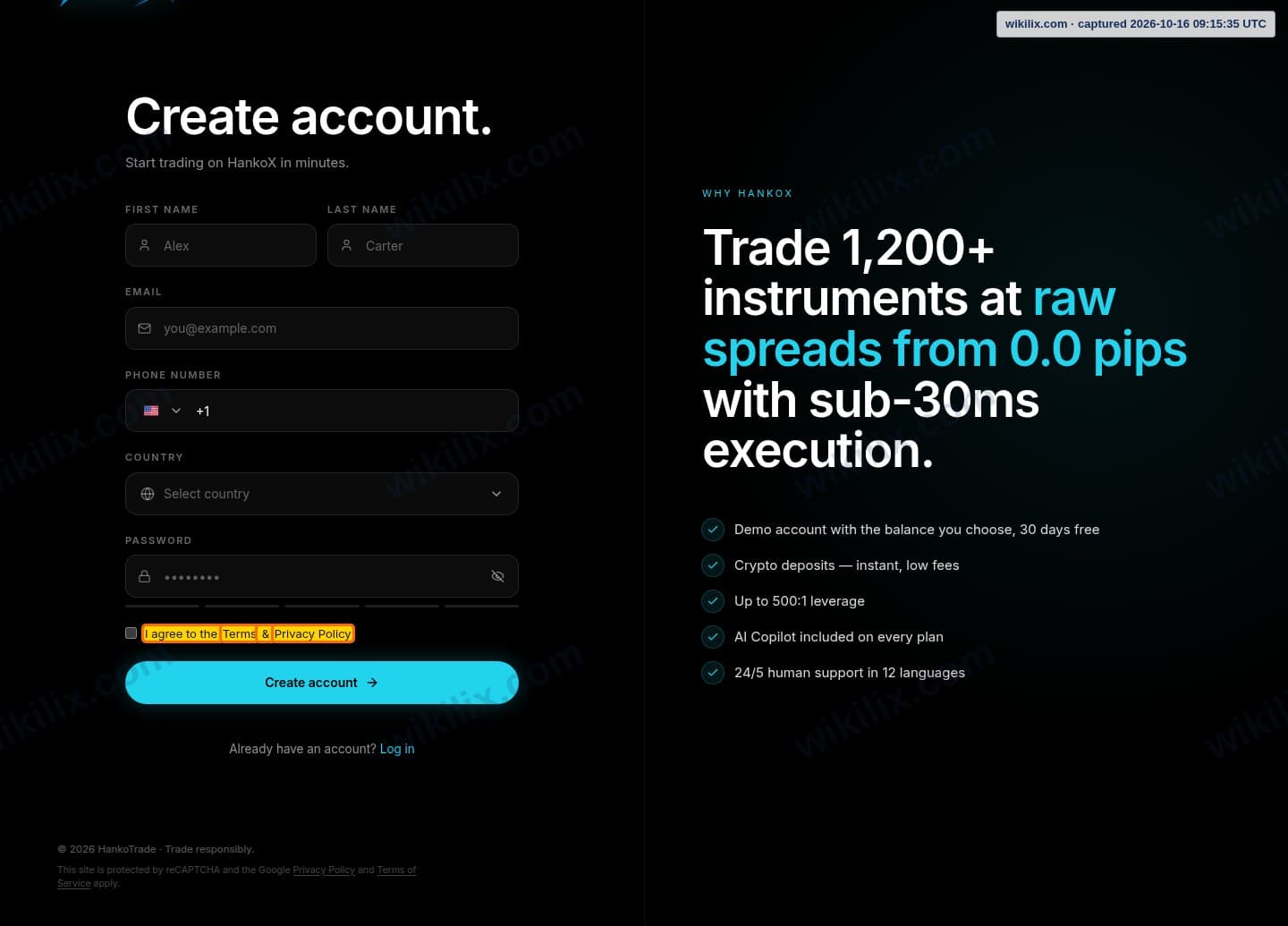Our full page screenshot of the page that makes this promise, on Hankotrade's site login.hankotrade.com, taken on Oct 16, 2026. The quoted words are marked in the image.