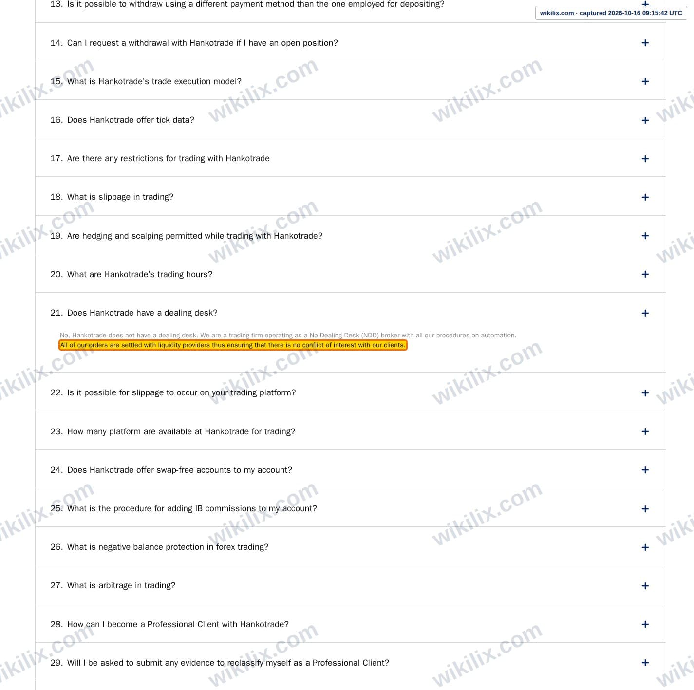 Our full page screenshot of the page that makes this promise, on Hankotrade's site hankotrade.com, taken on Oct 16, 2026. The quoted words are marked in the image.