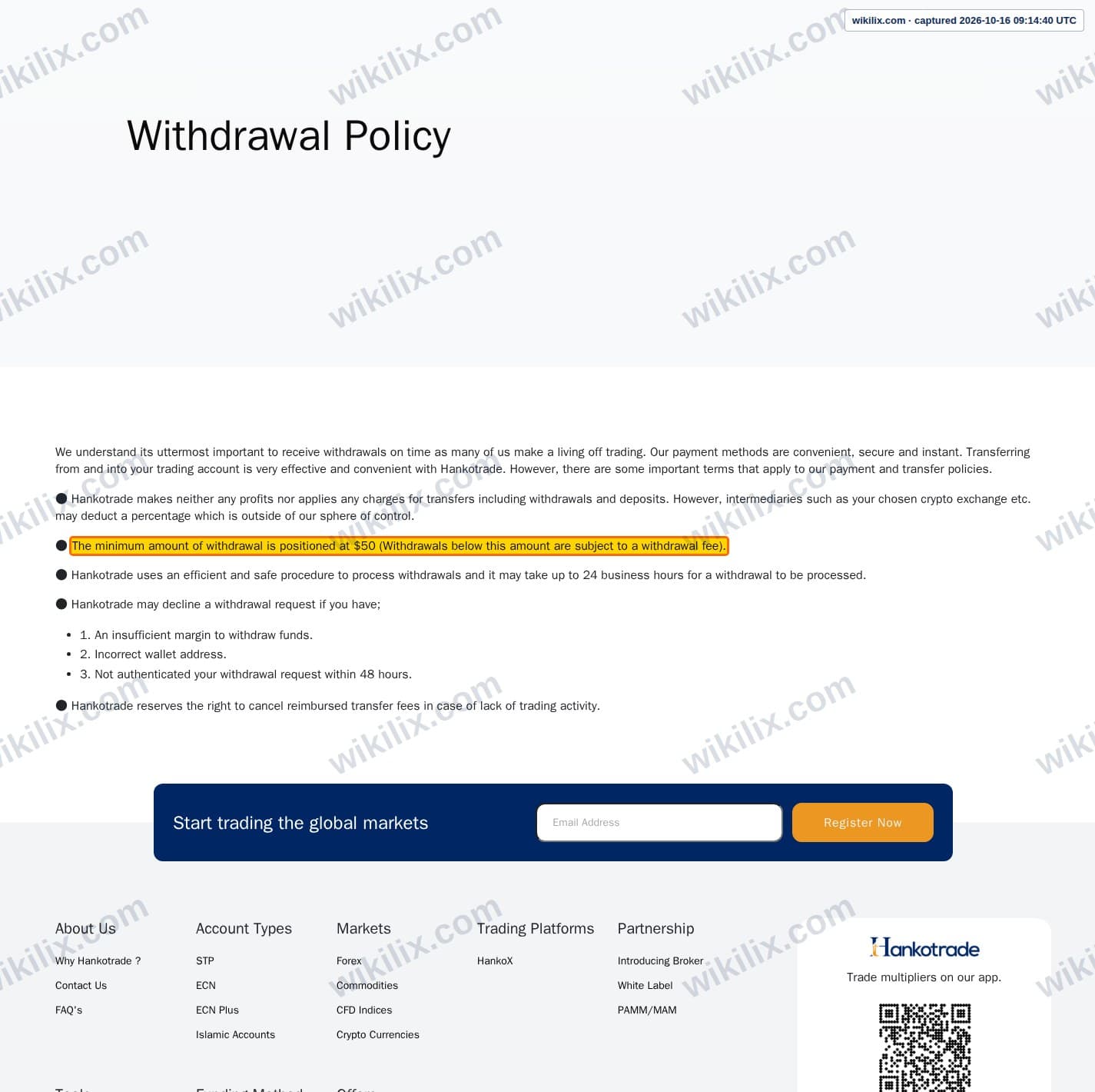 Our full page screenshot of the page this clause sits on, on Hankotrade's site hankotrade.com, taken on Oct 16, 2026. The quoted words are marked in the image.