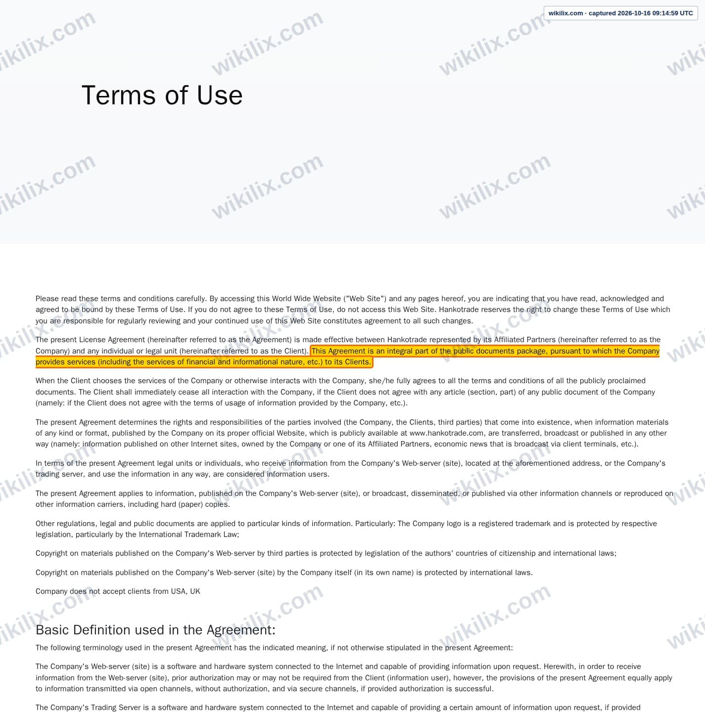 Our full page screenshot of the page this clause sits on, on Hankotrade's site hankotrade.com, taken on Oct 16, 2026. The quoted words are marked in the image.