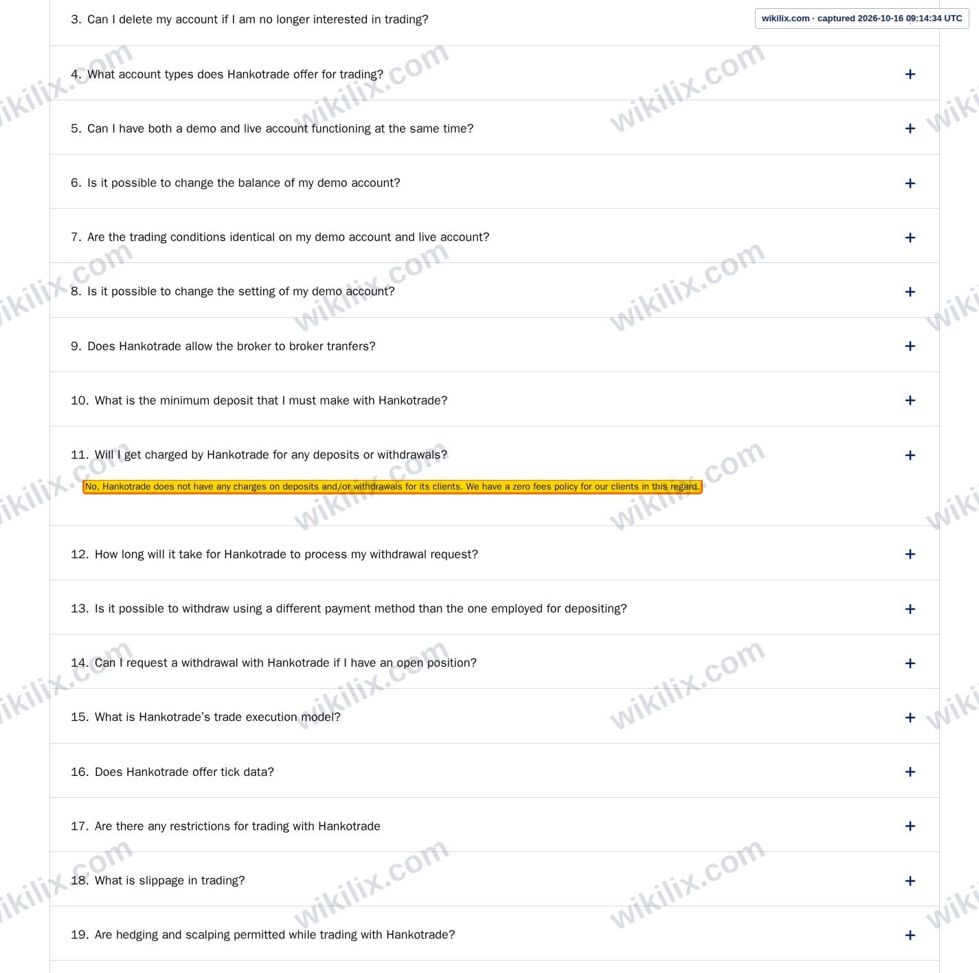 Our full page screenshot of the page that makes this promise, on Hankotrade's site hankotrade.com, taken on Oct 16, 2026. The quoted words are marked in the image.