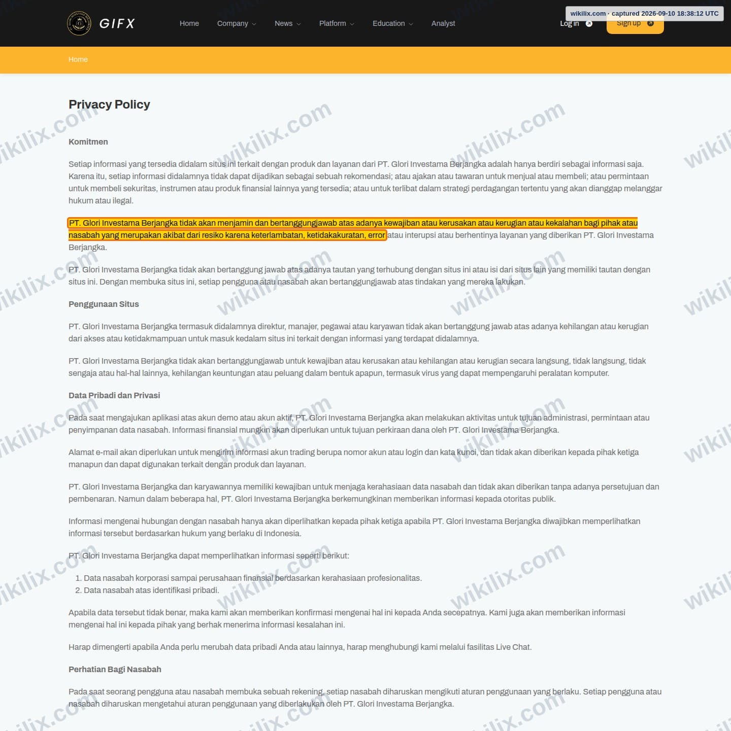 Our full page screenshot of the page this clause sits on, on GIFX's site gifx.co.id, taken on Sep 10, 2026. The quoted words are marked in the image.