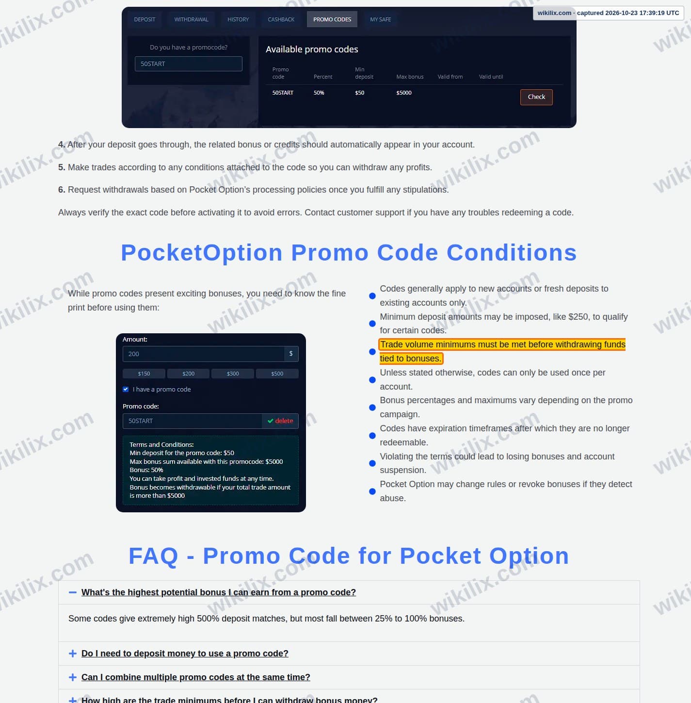 Our full page screenshot of the page this clause sits on, on Pocket Option Guides's site pocketoptionguides.com, taken on Oct 23, 2026. The quoted words are marked in the image.