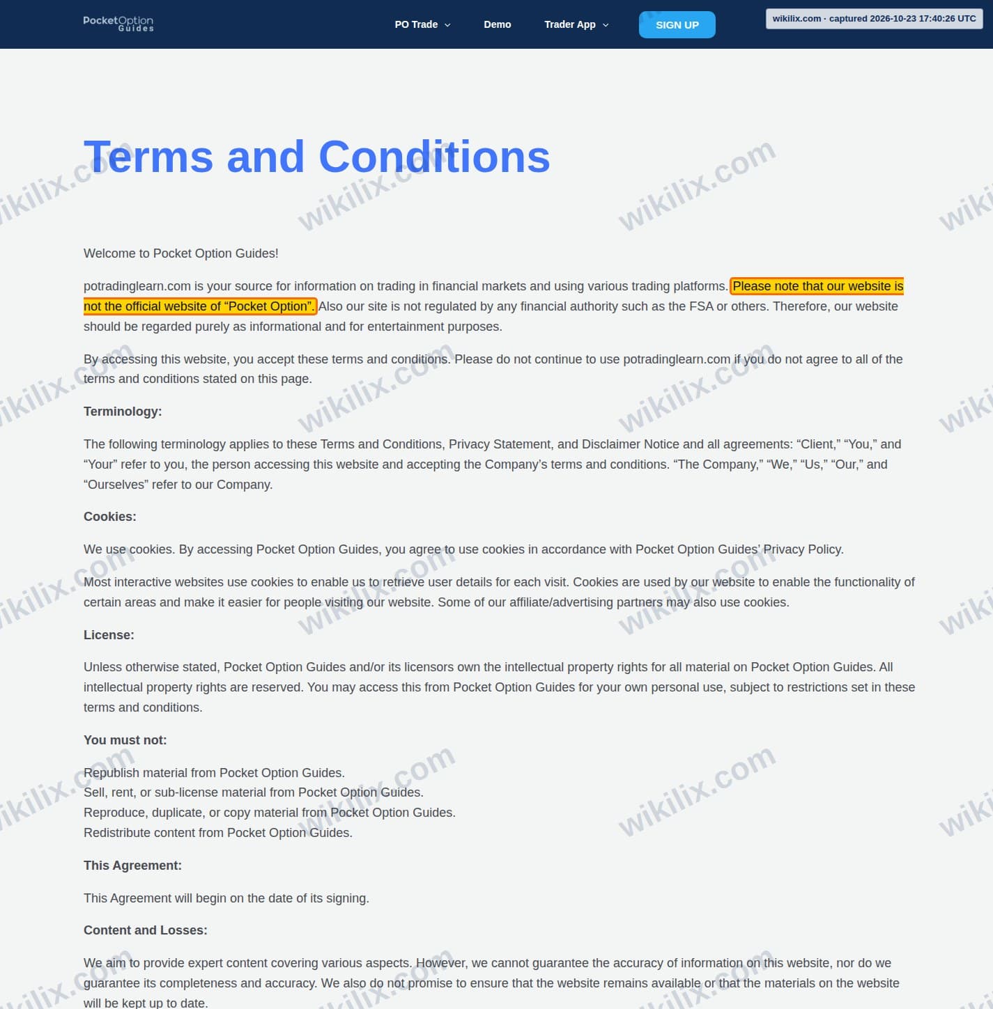 Our full page screenshot of the page this clause sits on, on Pocket Option Guides's site pocketoptionguides.com, taken on Oct 23, 2026. The quoted words are marked in the image.