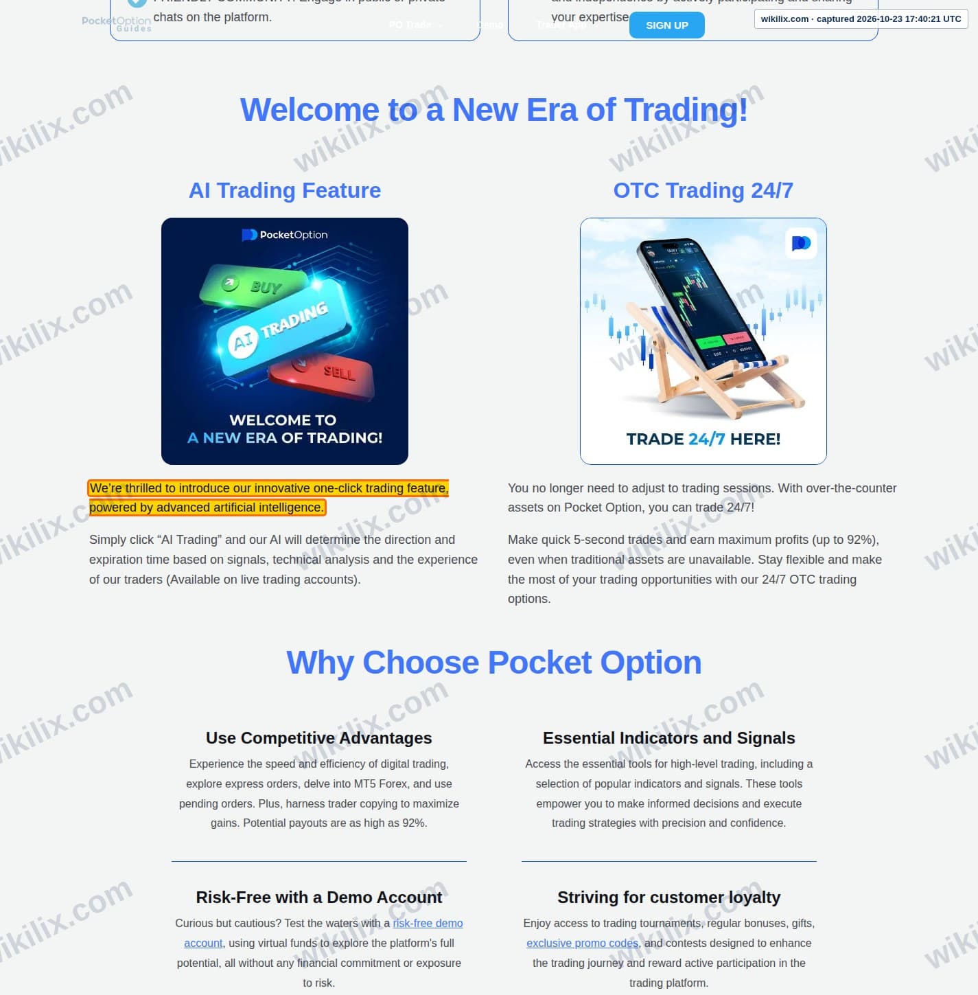 Our full page screenshot of the page that makes this promise, on Pocket Option Guides's site pocketoptionguides.com, taken on Oct 23, 2026. The quoted words are marked in the image.