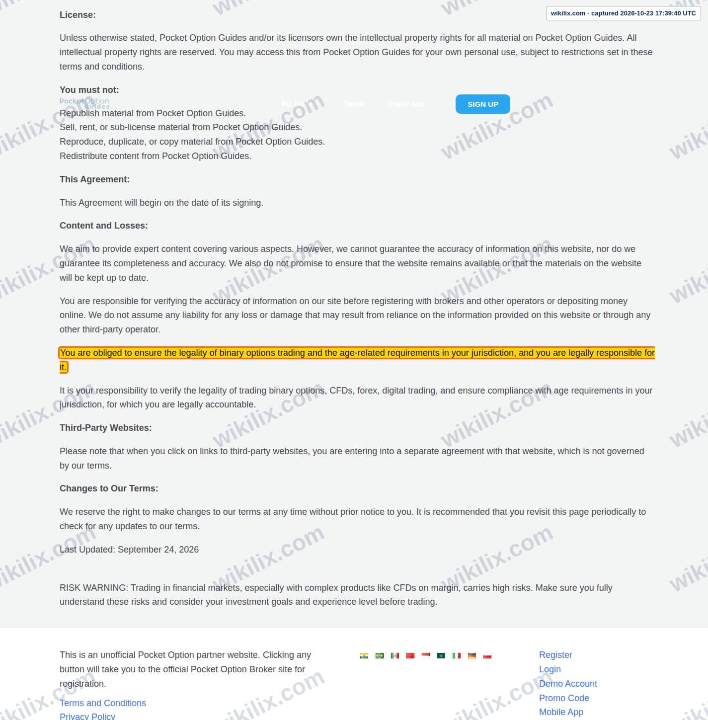 Our full page screenshot of the page this clause sits on, on Pocket Option Guides's site pocketoptionguides.com, taken on Oct 23, 2026. The quoted words are marked in the image.