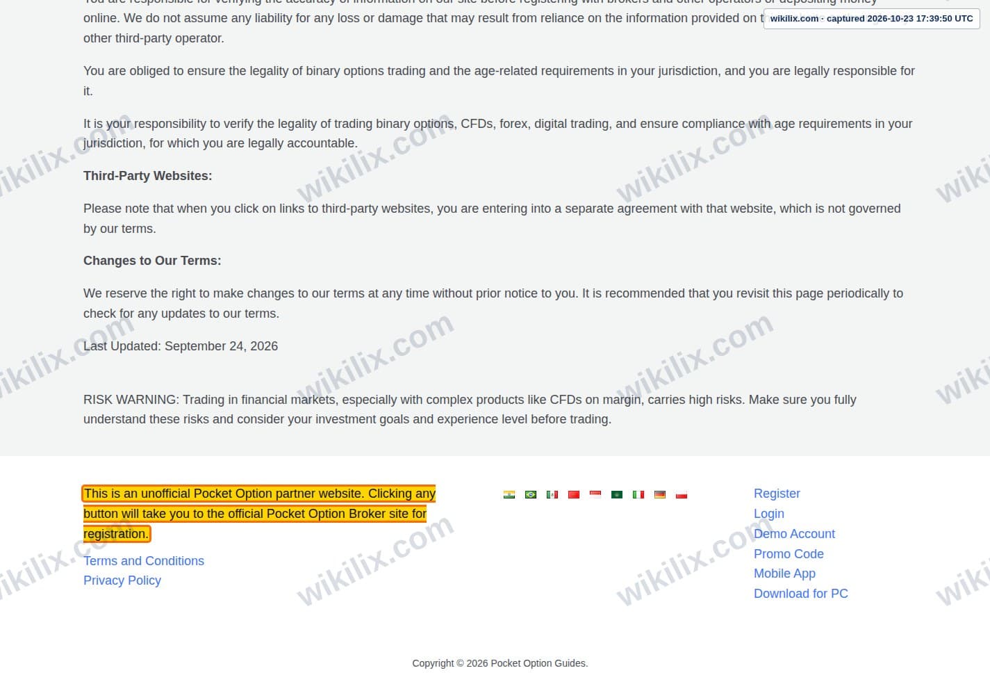 Our full page screenshot of the page this clause sits on, on Pocket Option Guides's site pocketoptionguides.com, taken on Oct 23, 2026. The quoted words are marked in the image.