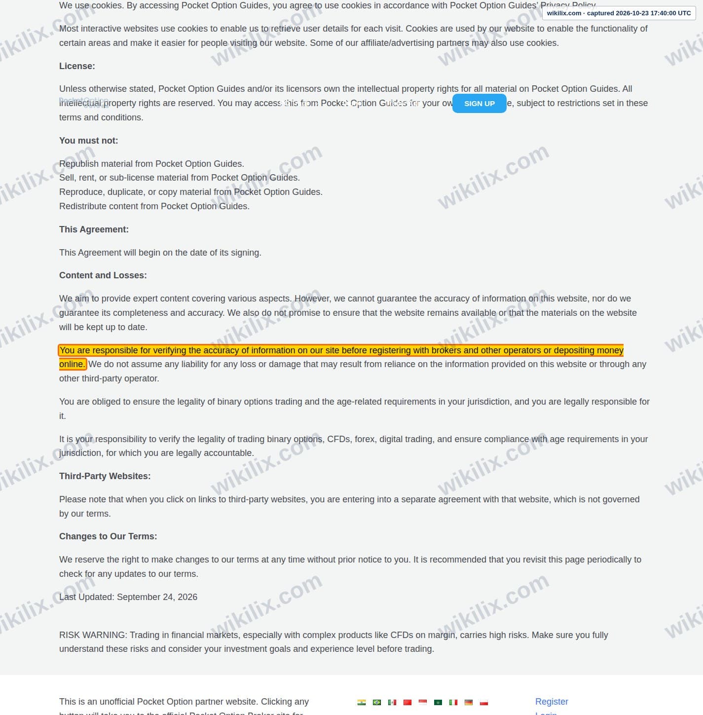 Our full page screenshot of the page this clause sits on, on Pocket Option Guides's site pocketoptionguides.com, taken on Oct 23, 2026. The quoted words are marked in the image.