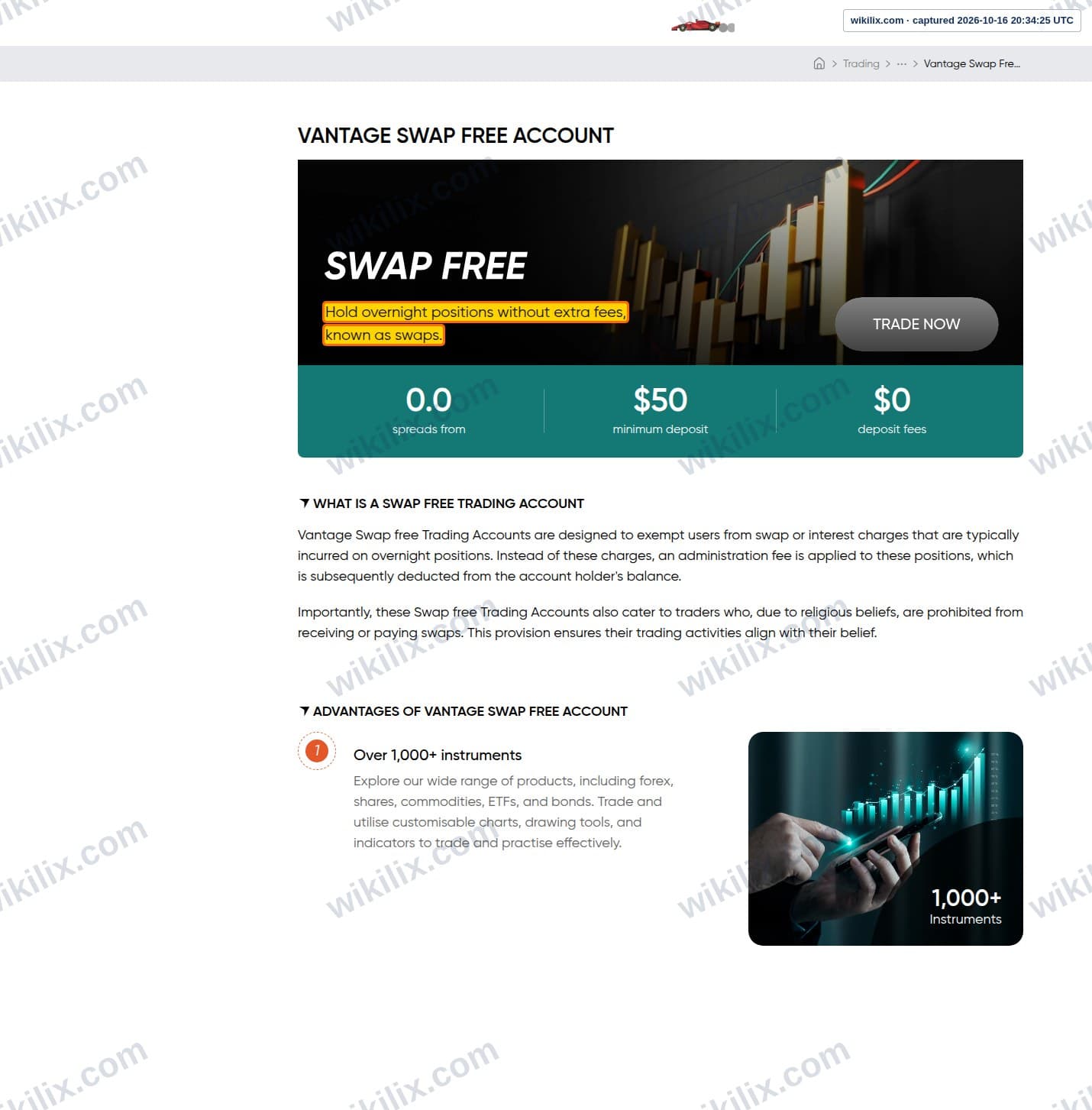 Our full page screenshot of the page that makes this promise, on Vantage's site vantagemarkets.com, taken on Oct 16, 2026. The quoted words are marked in the image.
