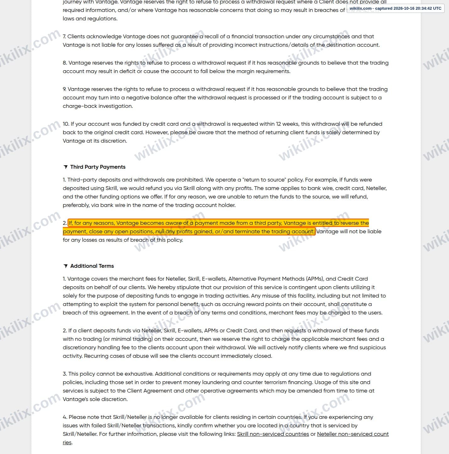 Our full page screenshot of the page this clause sits on, on Vantage's site vantagemarkets.com, taken on Oct 16, 2026. The quoted words are marked in the image.