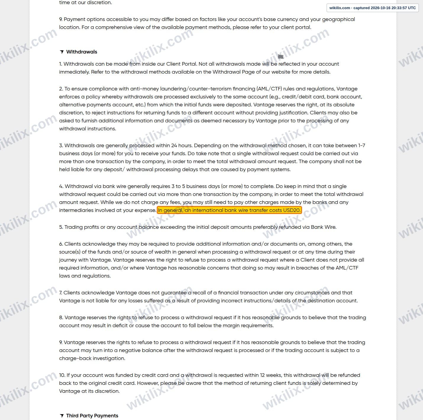 Our full page screenshot of the page that makes this promise, on Vantage's site vantagemarkets.com, taken on Oct 16, 2026. The quoted words are marked in the image.