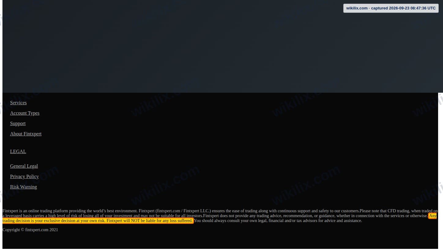 Our full page screenshot of the page this clause sits on, on Fintxpert's site web.archive.org, taken on Sep 23, 2026. The quoted words are marked in the image.