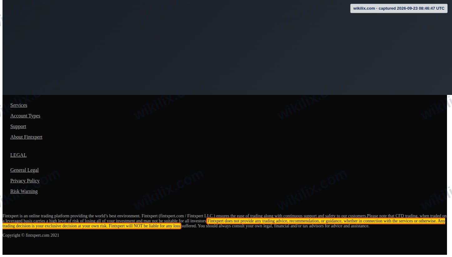 Our full page screenshot of the page this clause sits on, on Fintxpert's site web.archive.org, taken on Sep 23, 2026. The quoted words are marked in the image.