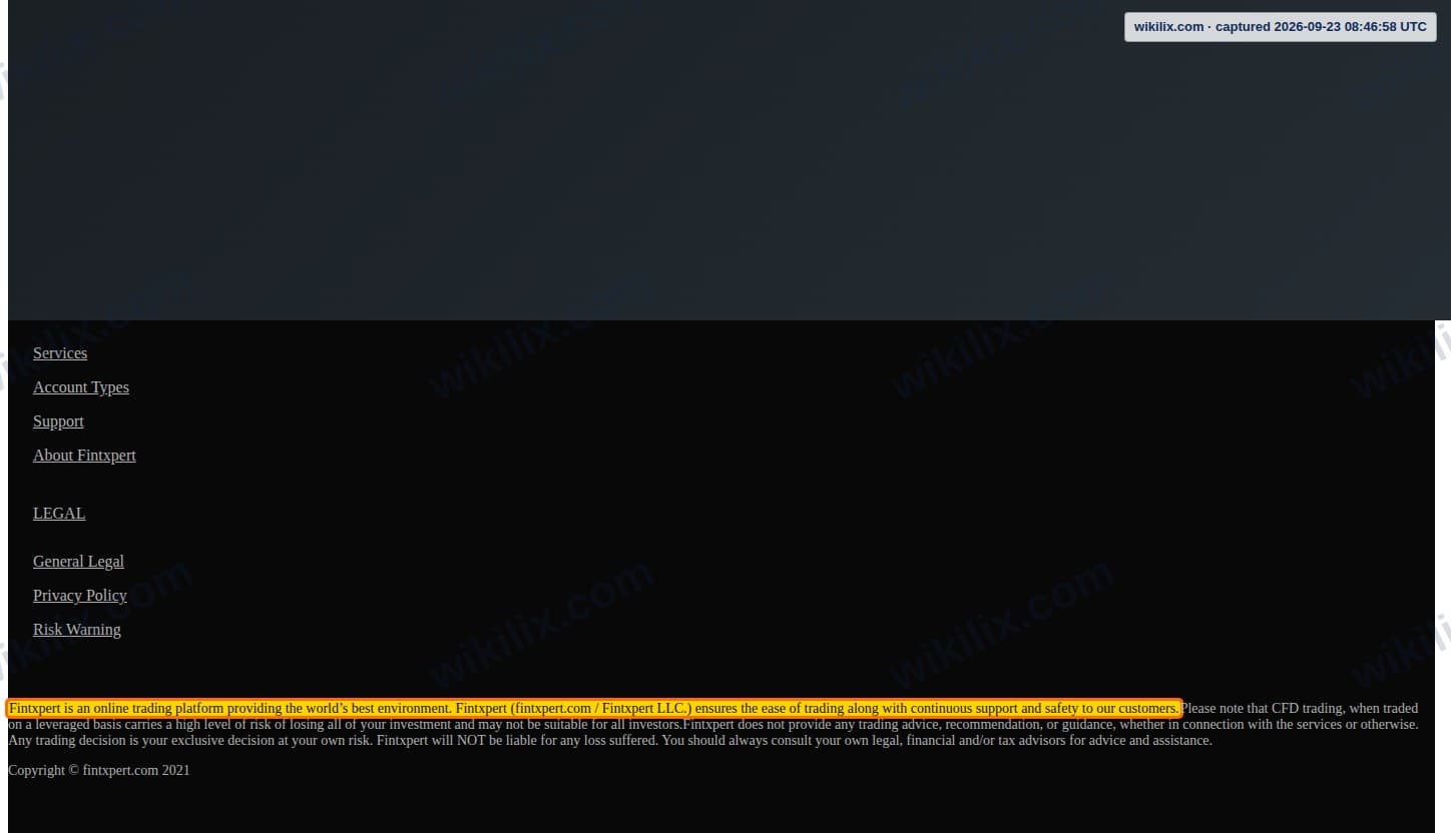 Our full page screenshot of the page this clause sits on, on Fintxpert's site web.archive.org, taken on Sep 23, 2026. The quoted words are marked in the image.