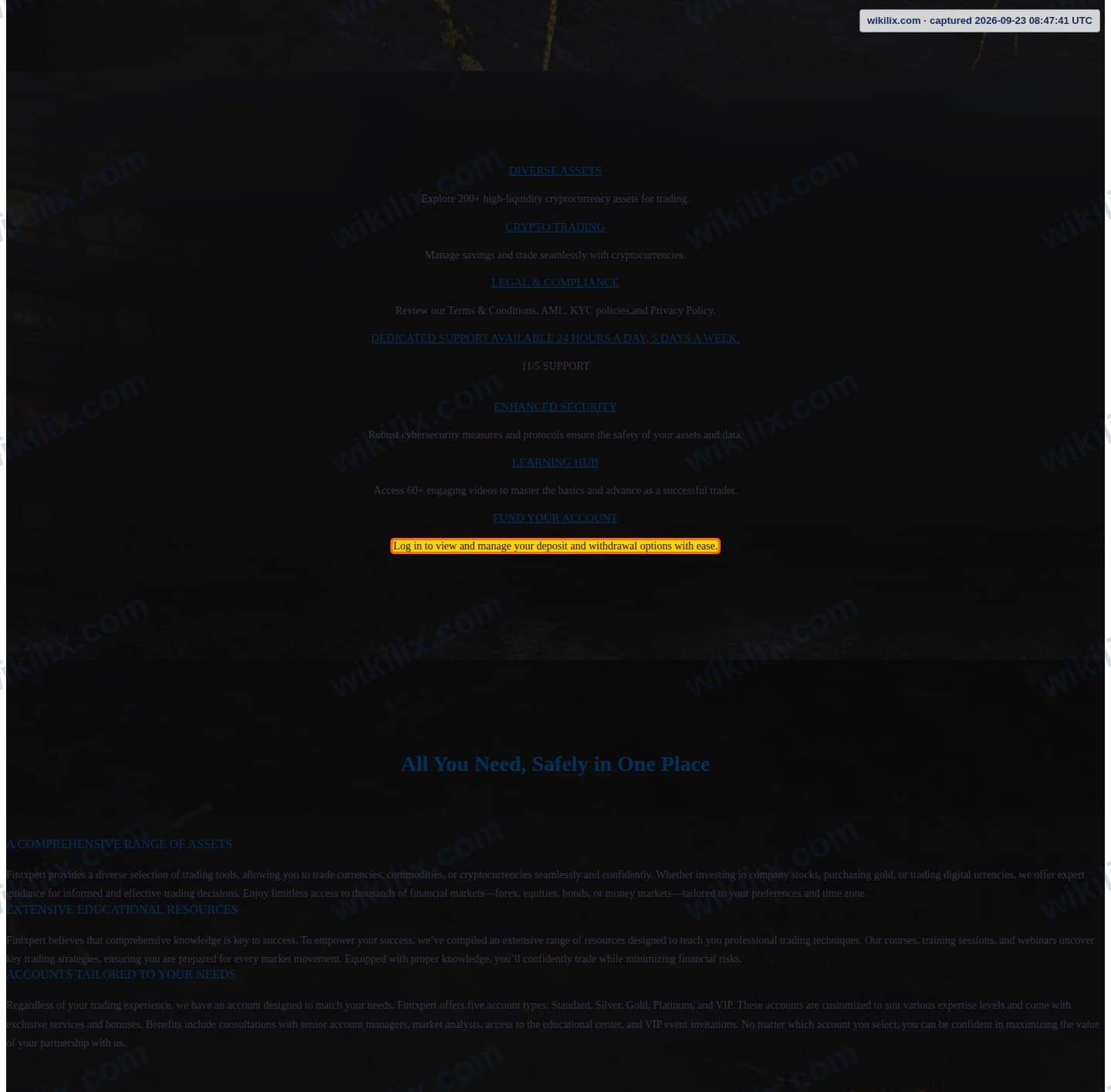Our full page screenshot of the page this clause sits on, on Fintxpert's site web.archive.org, taken on Sep 23, 2026. The quoted words are marked in the image.