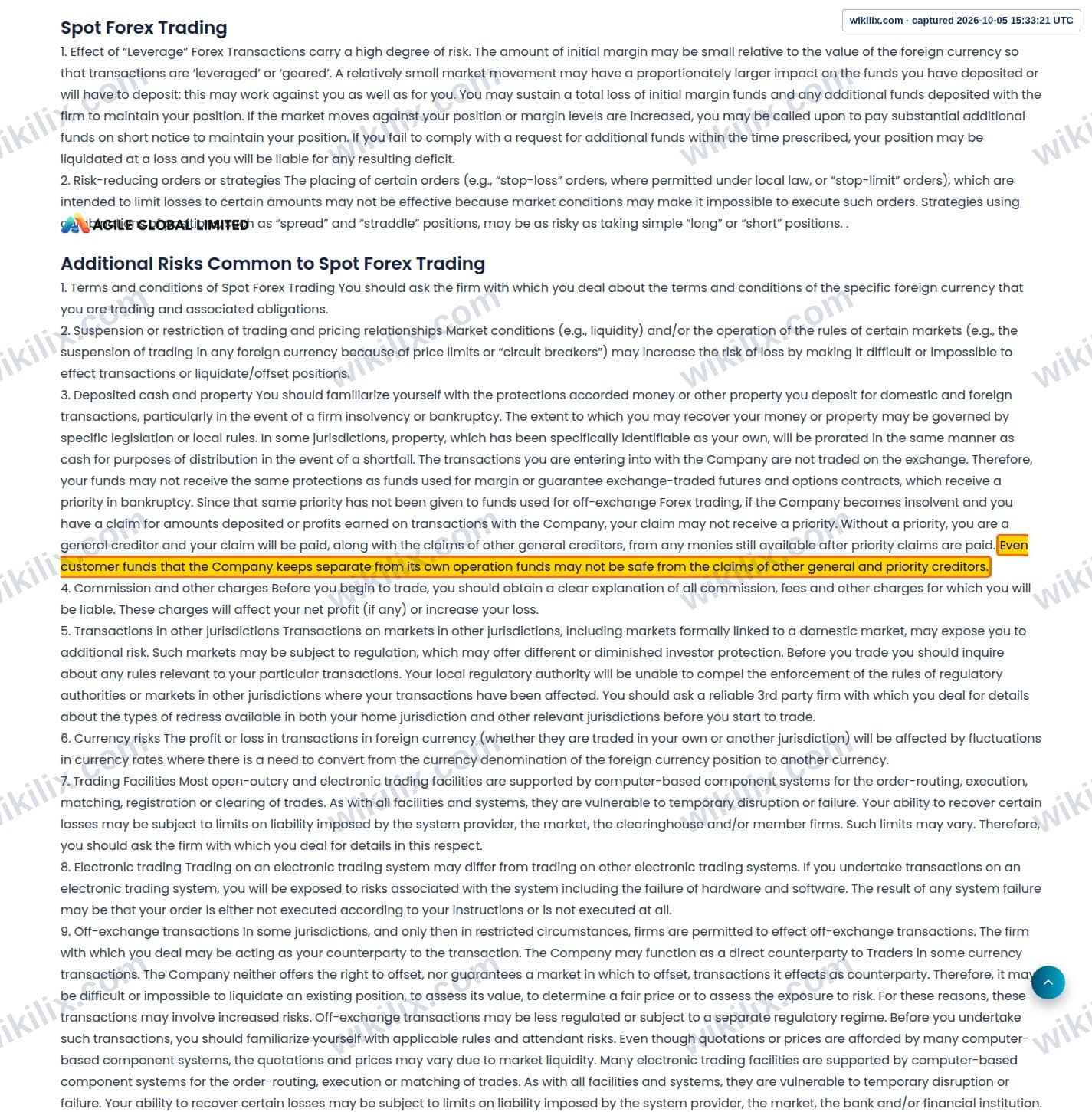 Our full page screenshot of the page this clause sits on, on AGILE GLOBAL LIMITED's site agilegloballtd.com, taken on Oct 5, 2026. The quoted words are marked in the image.