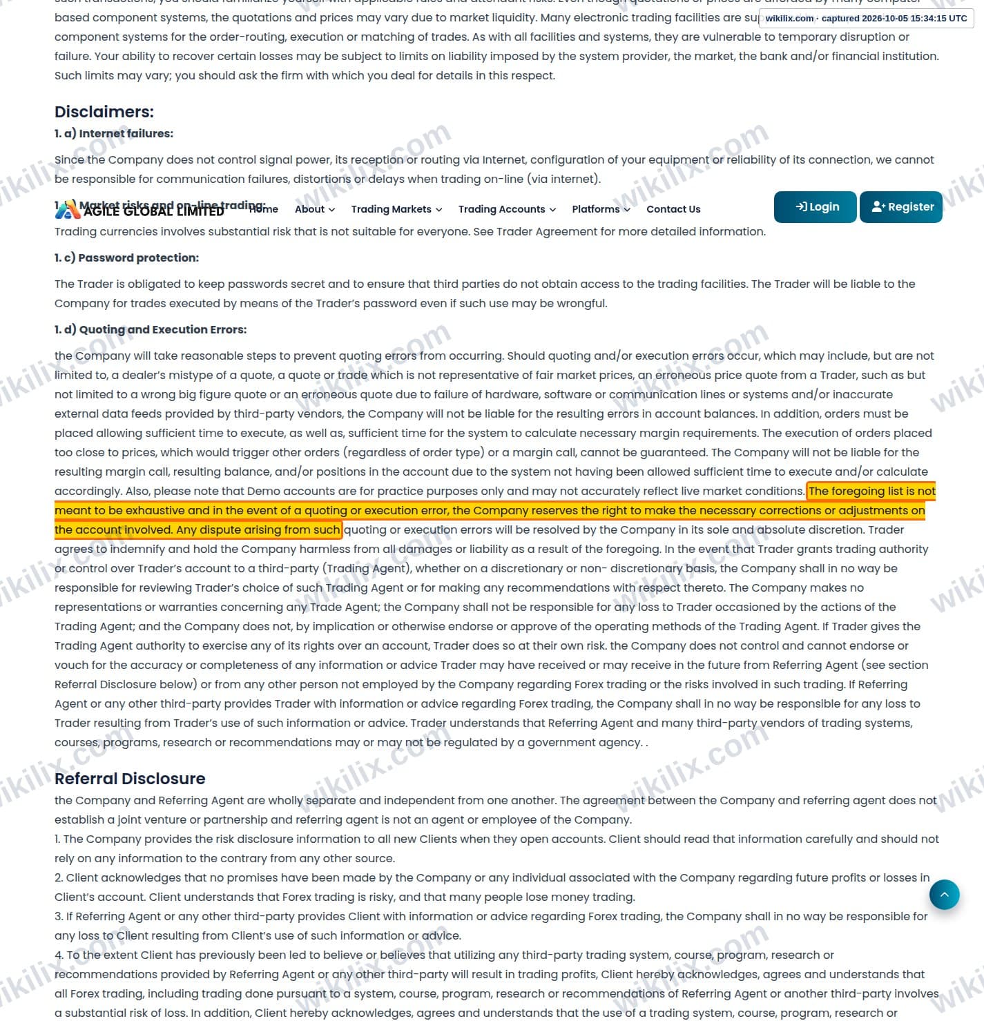 Our full page screenshot of the page this clause sits on, on AGILE GLOBAL LIMITED's site agilegloballtd.com, taken on Oct 5, 2026. The quoted words are marked in the image.
