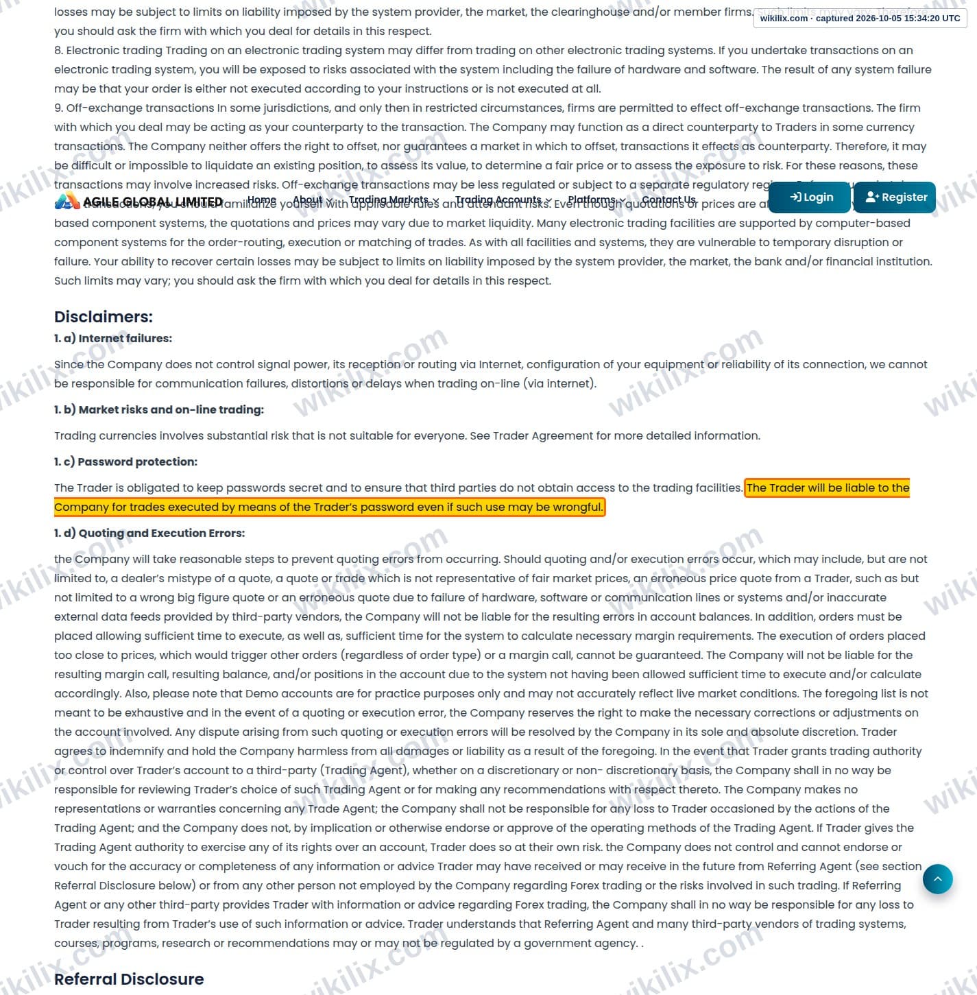 Our full page screenshot of the page this clause sits on, on AGILE GLOBAL LIMITED's site agilegloballtd.com, taken on Oct 5, 2026. The quoted words are marked in the image.