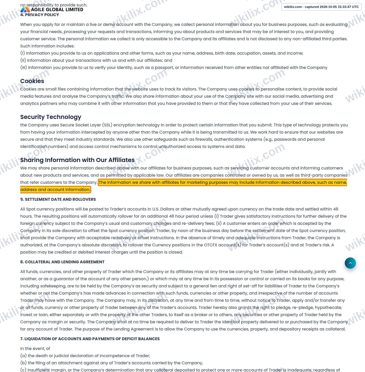 Our full page screenshot of the page this clause sits on, on AGILE GLOBAL LIMITED's site agilegloballtd.com, taken on Oct 5, 2026. The quoted words are marked in the image.