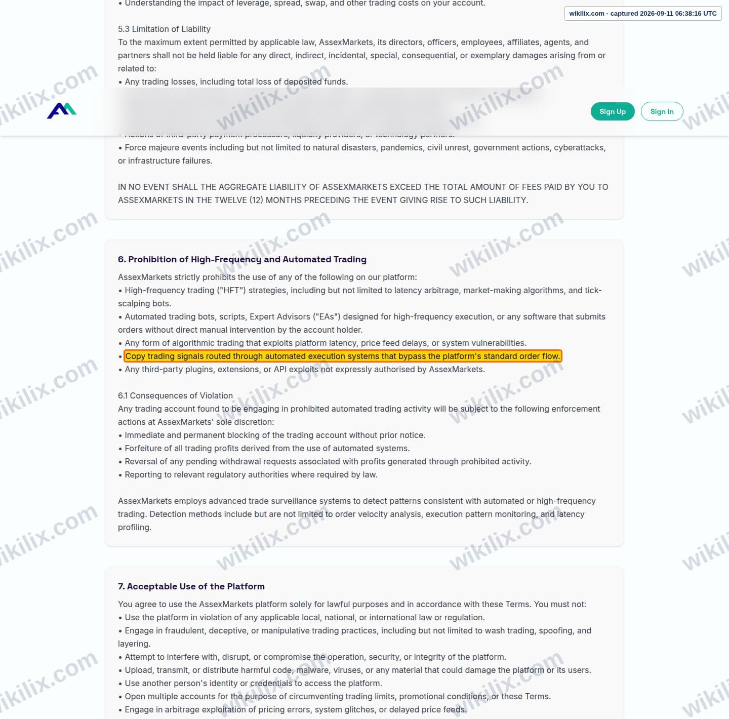 Our full page screenshot of the page this clause sits on, on Assexmarkets's site assexmarkets.com, taken on Sep 11, 2026. The quoted words are marked in the image.