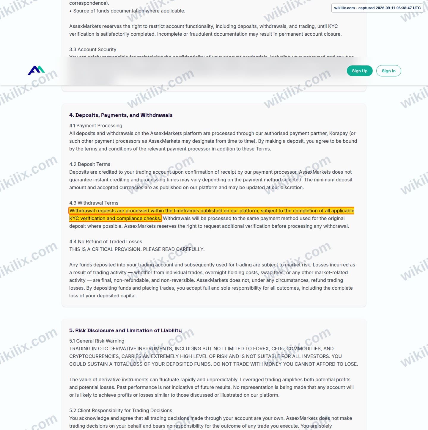 Our full page screenshot of the page this clause sits on, on Assexmarkets's site assexmarkets.com, taken on Sep 11, 2026. The quoted words are marked in the image.