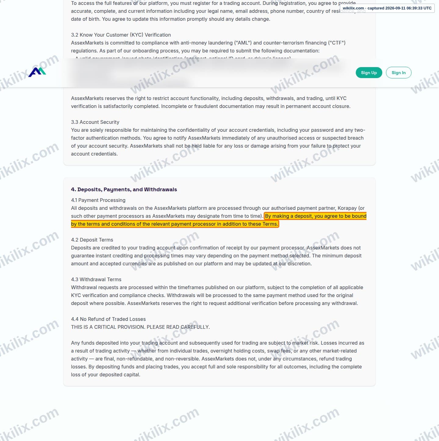 Our full page screenshot of the page this clause sits on, on Assexmarkets's site assexmarkets.com, taken on Sep 11, 2026. The quoted words are marked in the image.