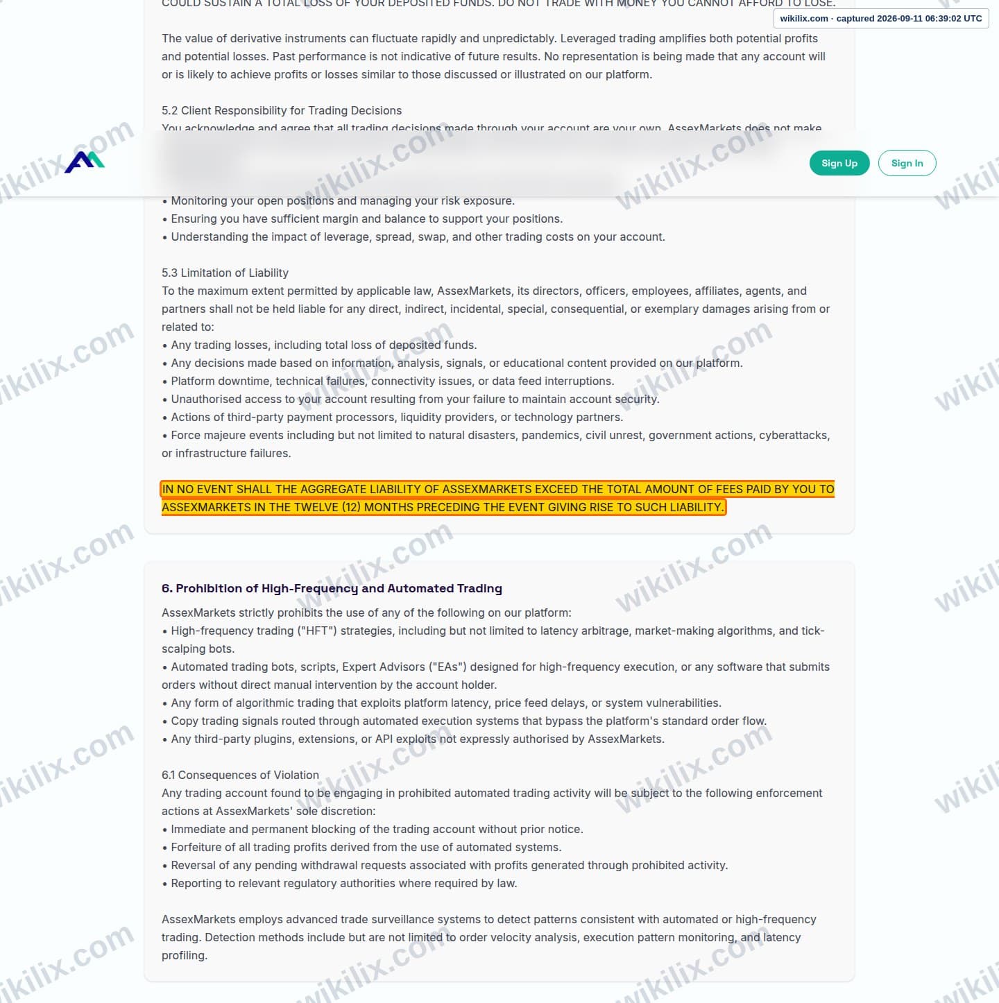 Our full page screenshot of the page this clause sits on, on Assexmarkets's site assexmarkets.com, taken on Sep 11, 2026. The quoted words are marked in the image.