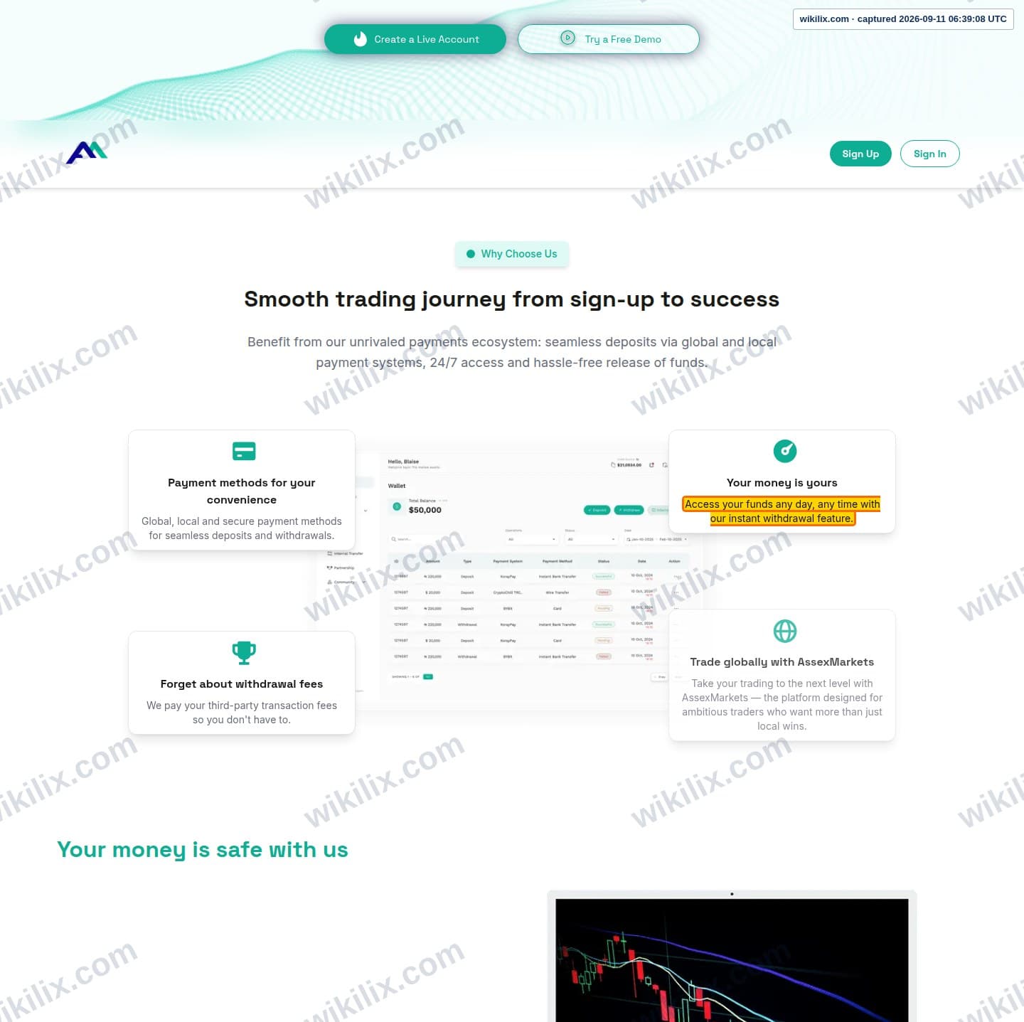 Our full page screenshot of the page that makes this promise, on Assexmarkets's site assexmarkets.com, taken on Sep 11, 2026. The quoted words are marked in the image.