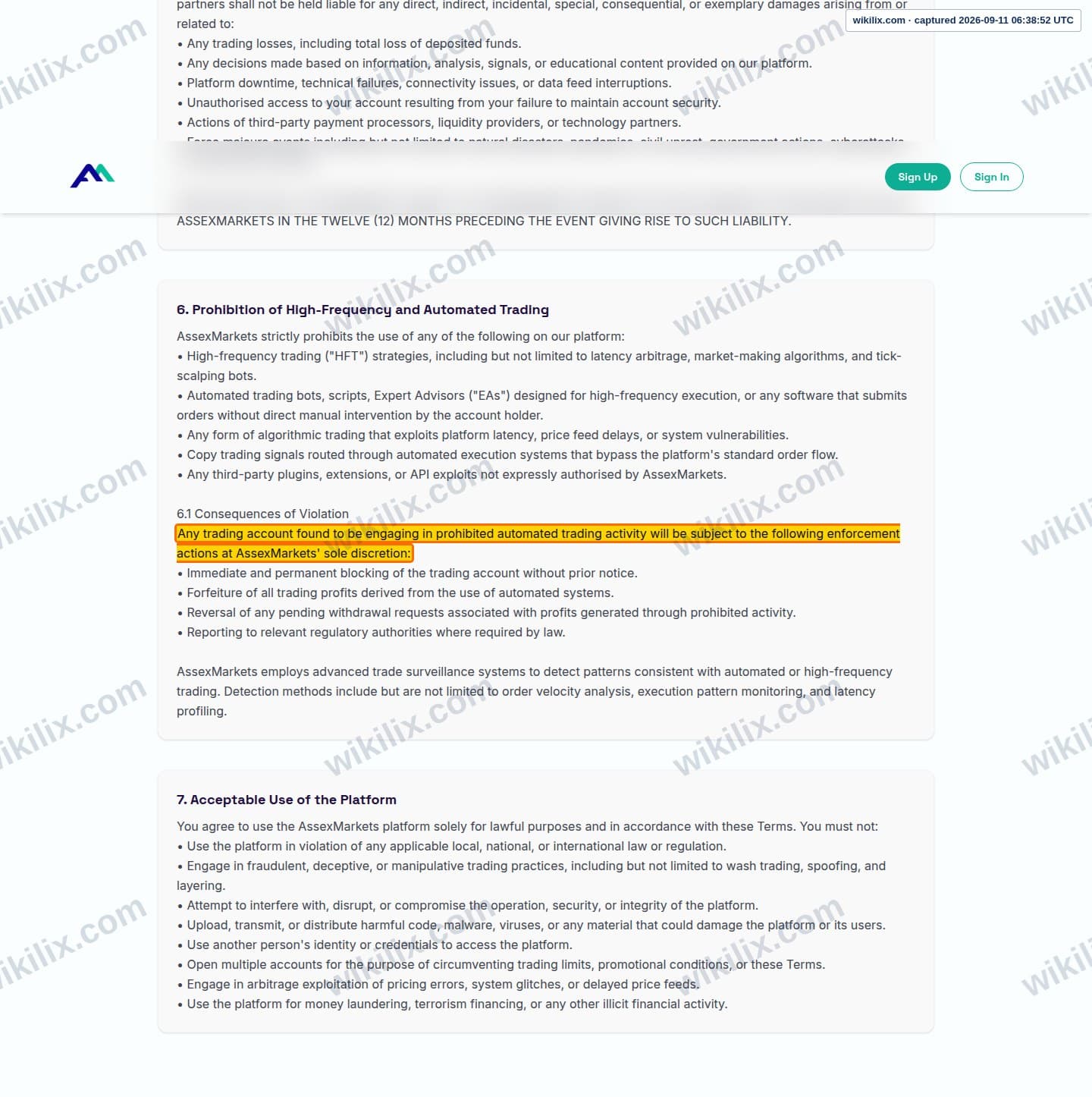 Our full page screenshot of the page this clause sits on, on Assexmarkets's site assexmarkets.com, taken on Sep 11, 2026. The quoted words are marked in the image.