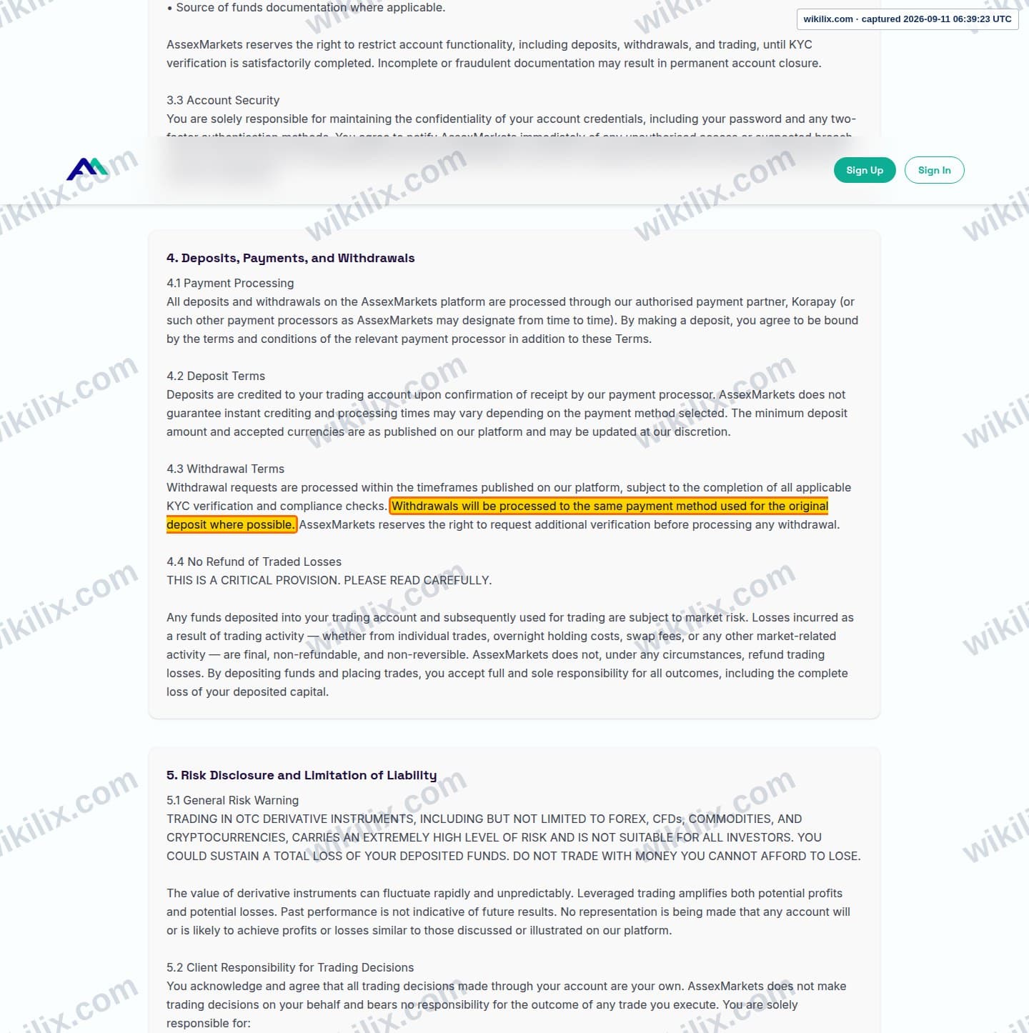 Our full page screenshot of the page this clause sits on, on Assexmarkets's site assexmarkets.com, taken on Sep 11, 2026. The quoted words are marked in the image.