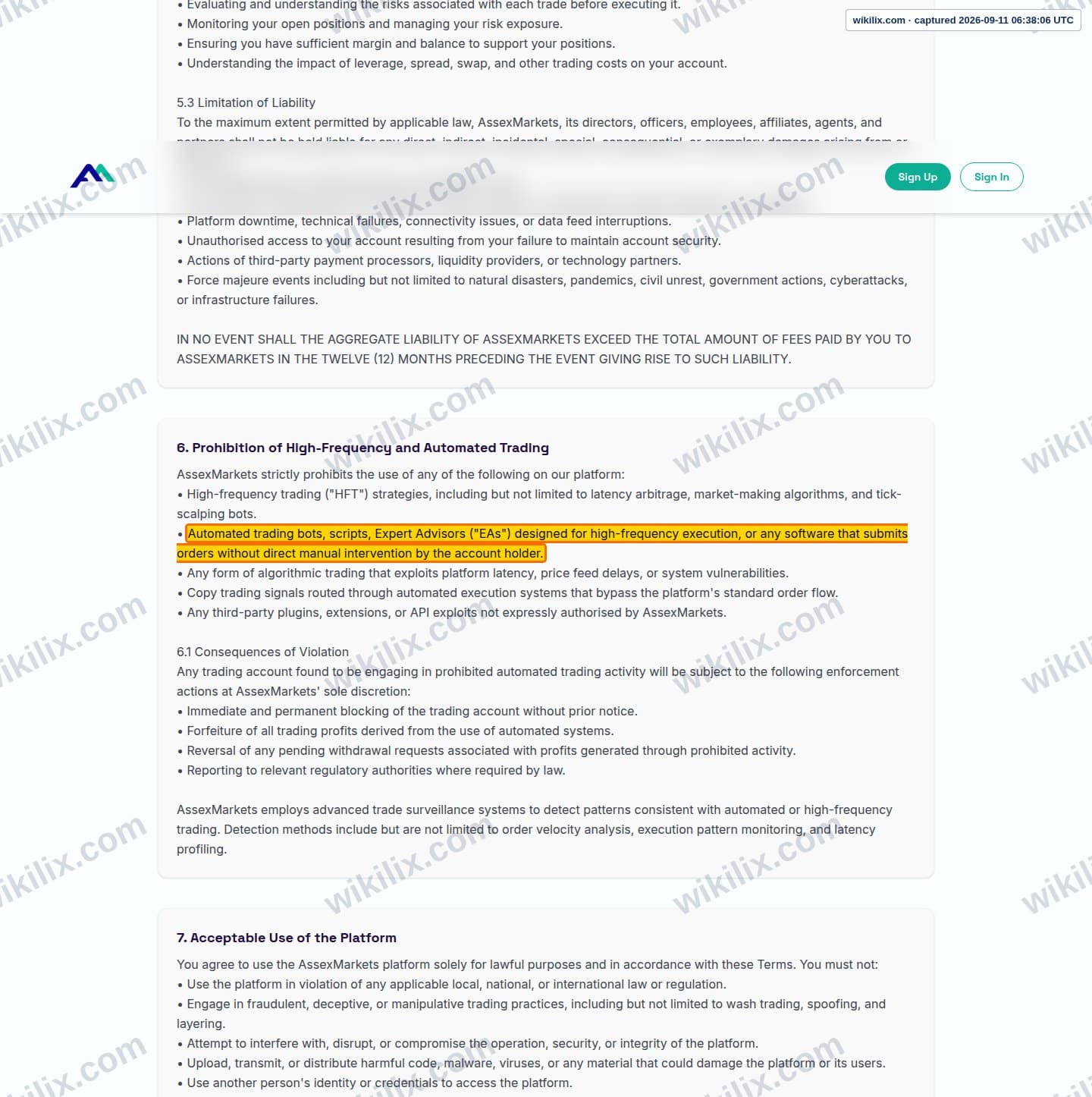 Our full page screenshot of the page this clause sits on, on Assexmarkets's site assexmarkets.com, taken on Sep 11, 2026. The quoted words are marked in the image.