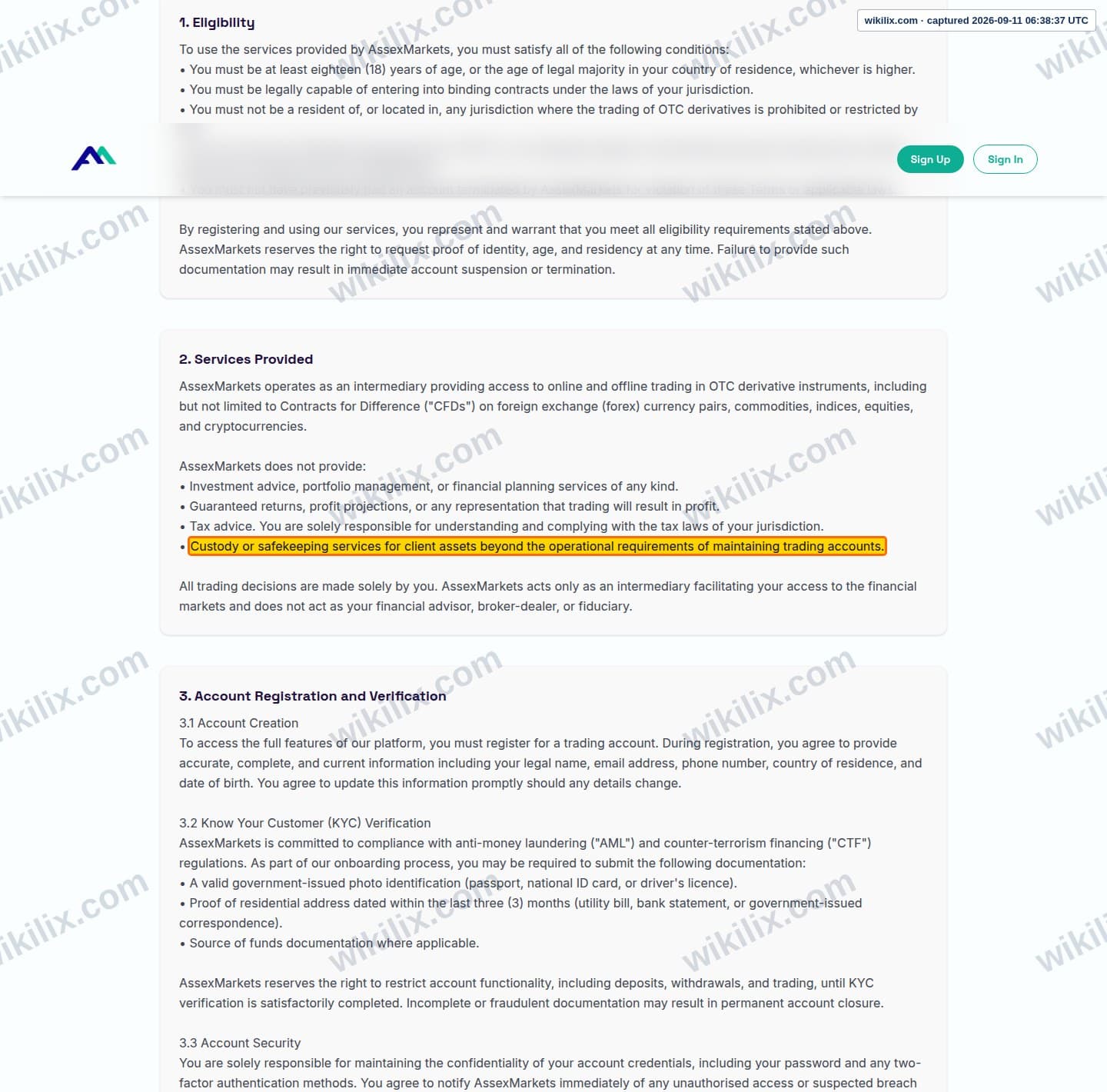 Our full page screenshot of the page this clause sits on, on Assexmarkets's site assexmarkets.com, taken on Sep 11, 2026. The quoted words are marked in the image.