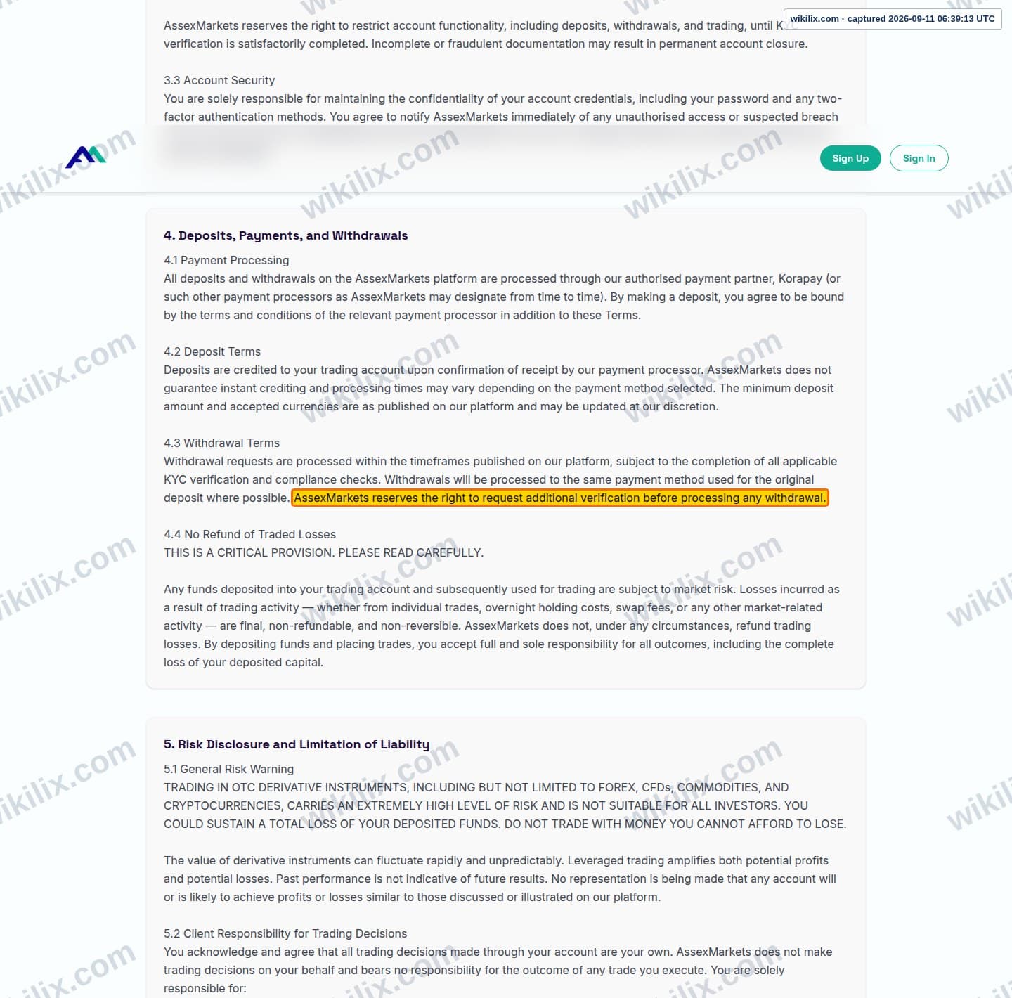 Our full page screenshot of the page this clause sits on, on Assexmarkets's site assexmarkets.com, taken on Sep 11, 2026. The quoted words are marked in the image.