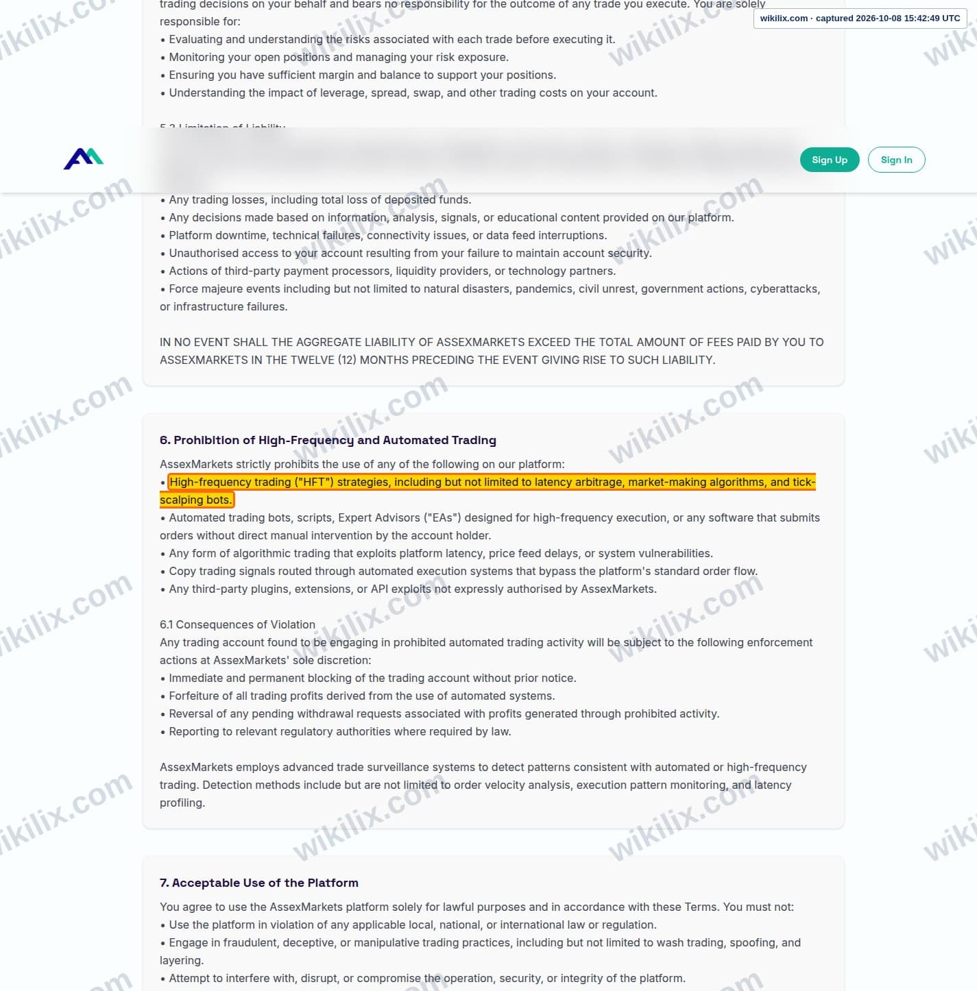 Our full page screenshot of the page this clause sits on, on Assexmarkets's site assexmarkets.com, taken on Oct 8, 2026. The quoted words are marked in the image.