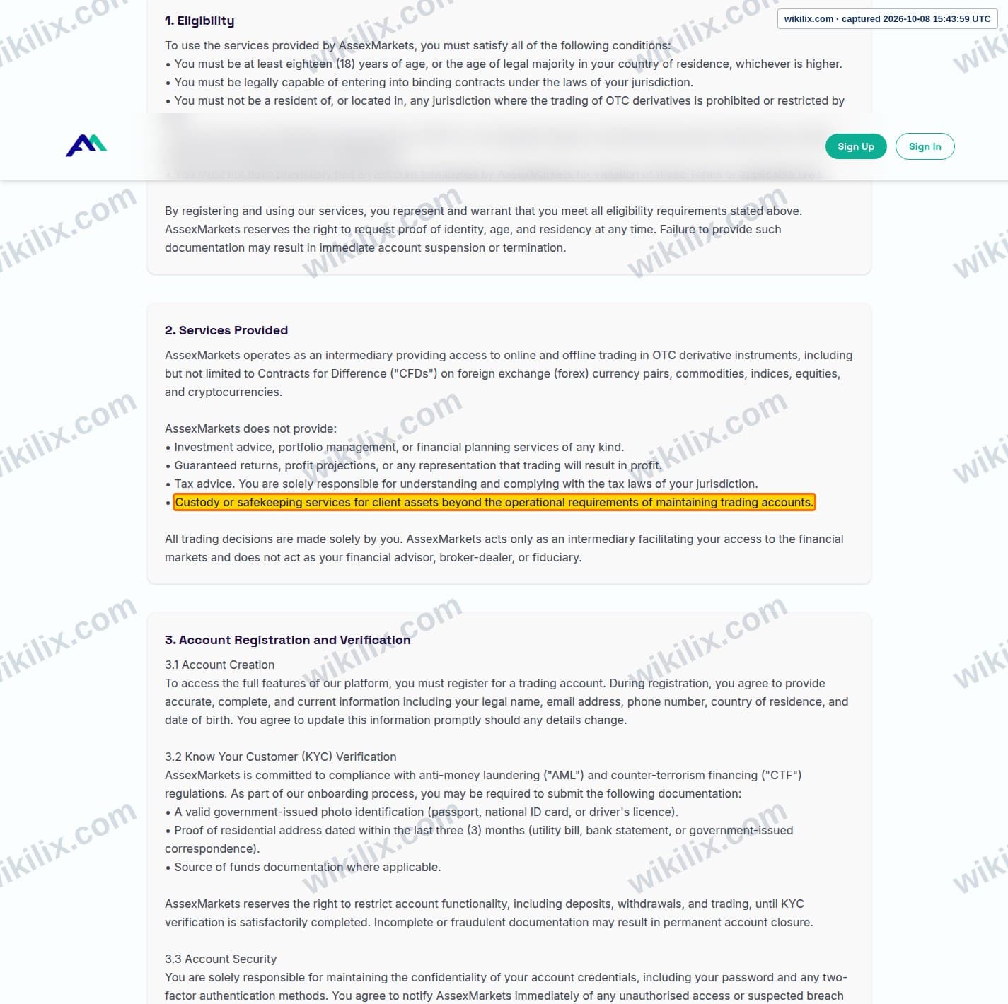 Our full page screenshot of the page this clause sits on, on Assexmarkets's site assexmarkets.com, taken on Oct 8, 2026. The quoted words are marked in the image.