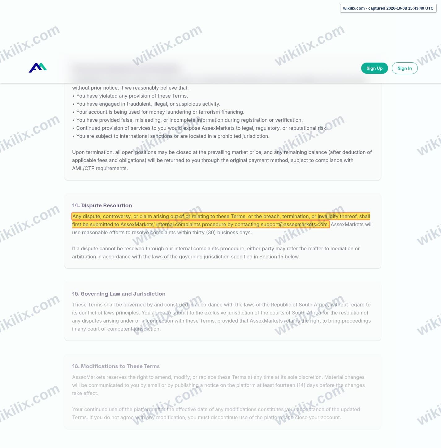 Our full page screenshot of the page this clause sits on, on Assexmarkets's site assexmarkets.com, taken on Oct 8, 2026. The quoted words are marked in the image.