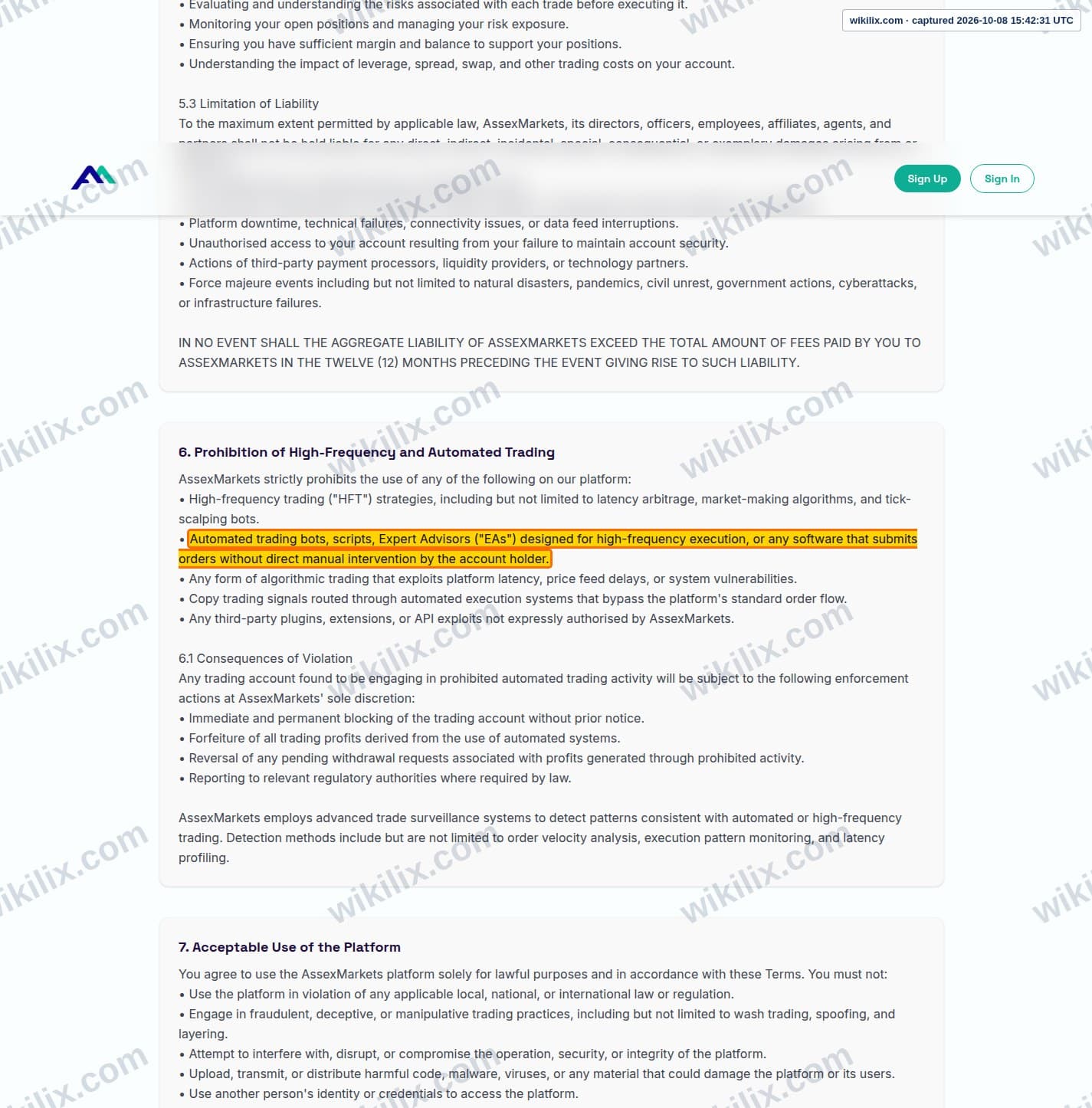 Our full page screenshot of the page this clause sits on, on Assexmarkets's site assexmarkets.com, taken on Oct 8, 2026. The quoted words are marked in the image.