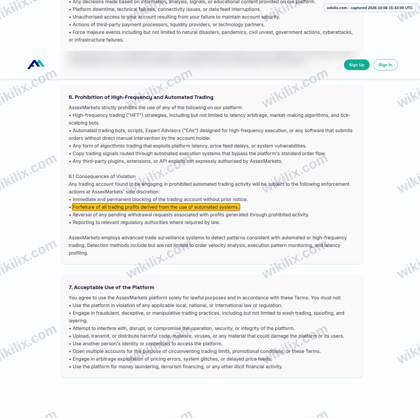 Our full page screenshot of the page this clause sits on, on Assexmarkets's site assexmarkets.com, taken on Oct 8, 2026. The quoted words are marked in the image.