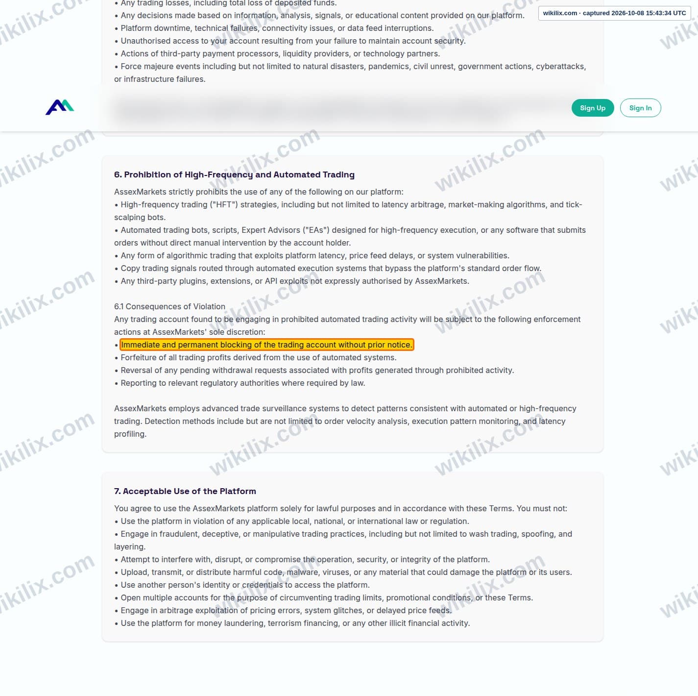 Our full page screenshot of the page this clause sits on, on Assexmarkets's site assexmarkets.com, taken on Oct 8, 2026. The quoted words are marked in the image.
