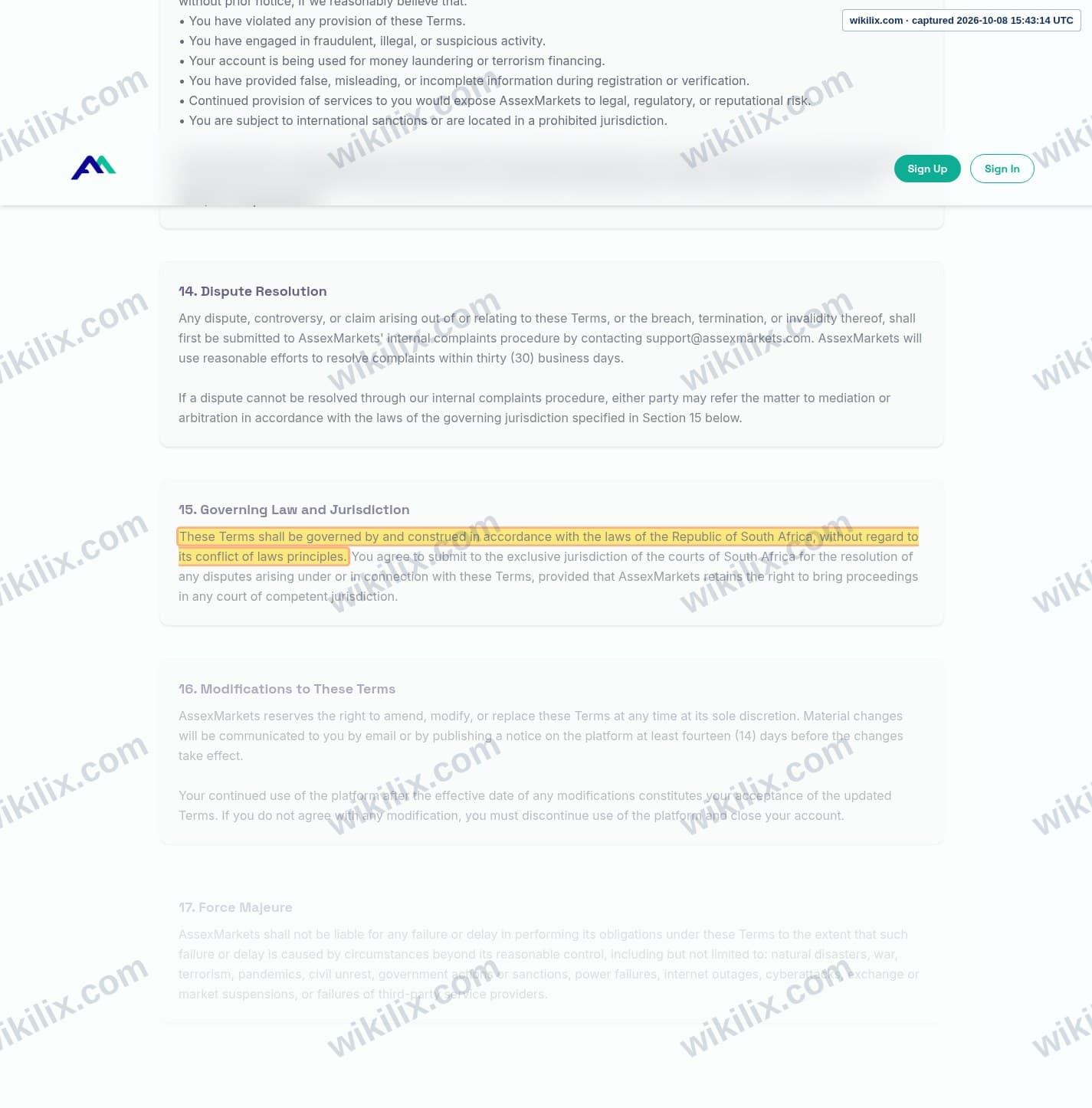 Our full page screenshot of the page this clause sits on, on Assexmarkets's site assexmarkets.com, taken on Oct 8, 2026. The quoted words are marked in the image.