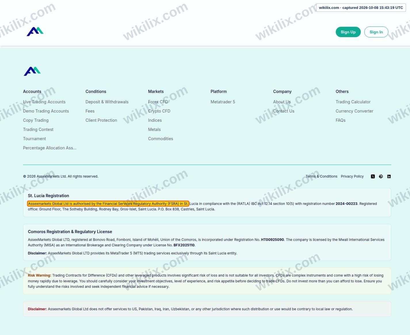 Our full page screenshot of the page this clause sits on, on Assexmarkets's site assexmarkets.com, taken on Oct 8, 2026. The quoted words are marked in the image.