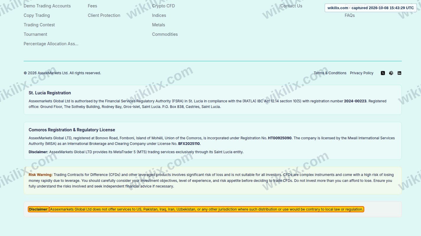 Our full page screenshot of the page this clause sits on, on Assexmarkets's site assexmarkets.com, taken on Oct 8, 2026. The quoted words are marked in the image.