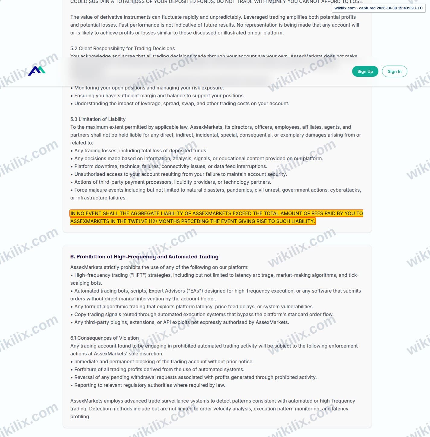 Our full page screenshot of the page this clause sits on, on Assexmarkets's site assexmarkets.com, taken on Oct 8, 2026. The quoted words are marked in the image.