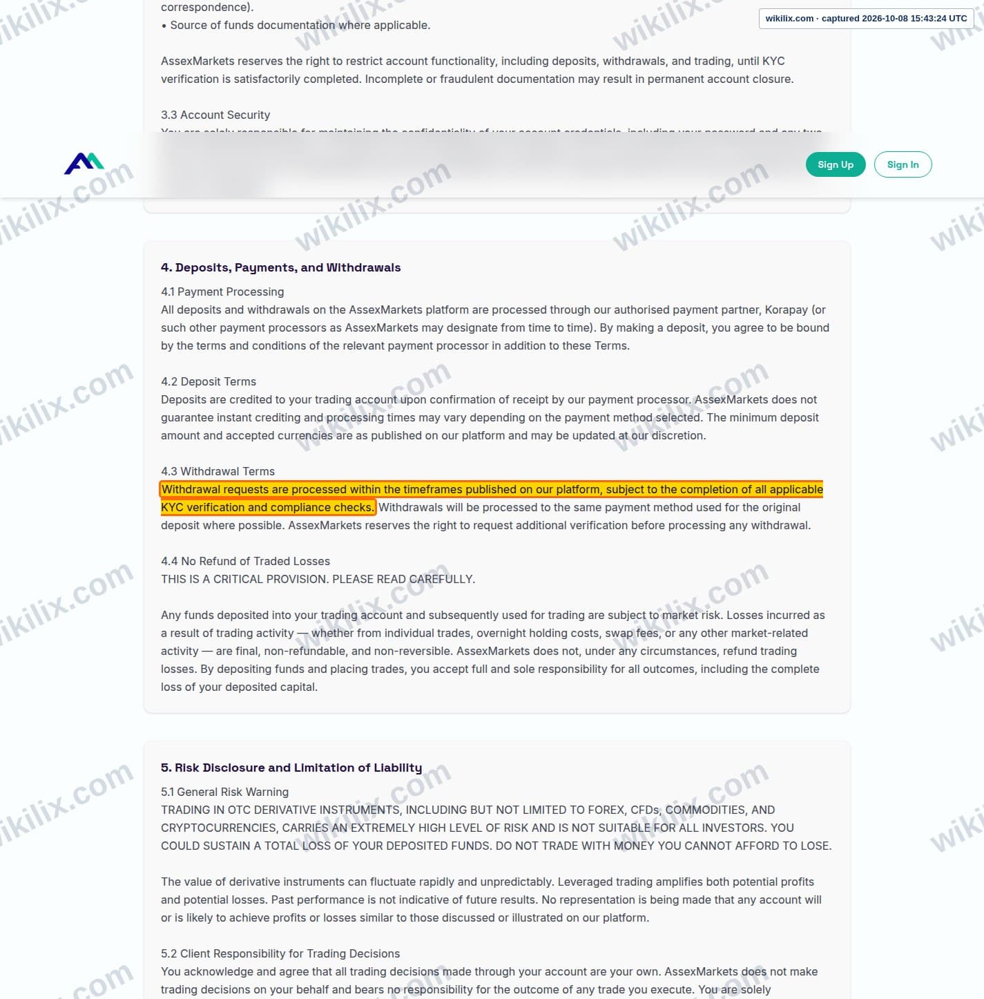 Our full page screenshot of the page this clause sits on, on Assexmarkets's site assexmarkets.com, taken on Oct 8, 2026. The quoted words are marked in the image.